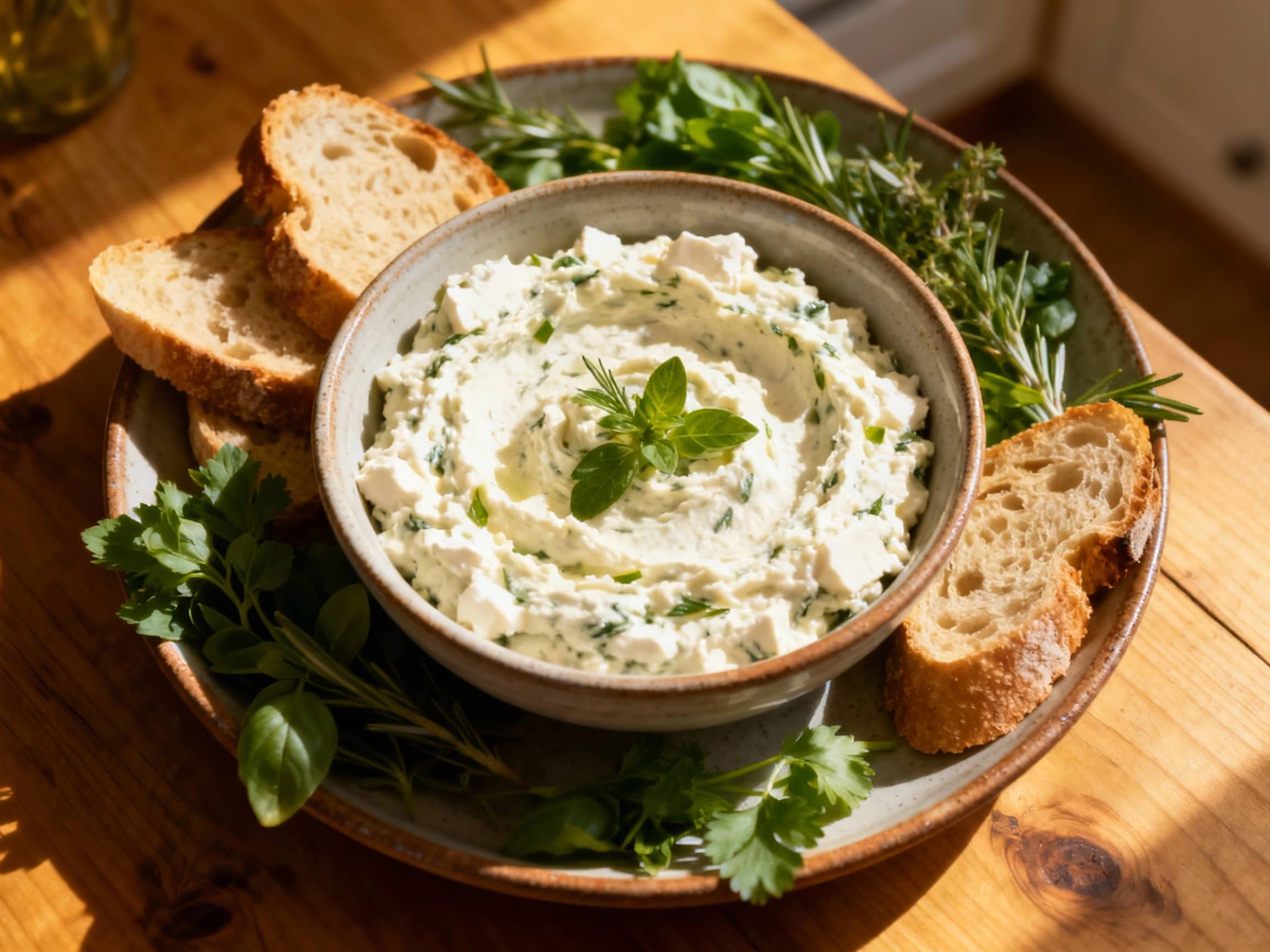 A rustic white ceramic bowl overflows with a creamy, pale feta dip, topped with vibrant chopped tomatoes, cucumbers, red onion, green herbs, and a glistening drizzle of olive oil, evoking fresh Mediterranean flavors.