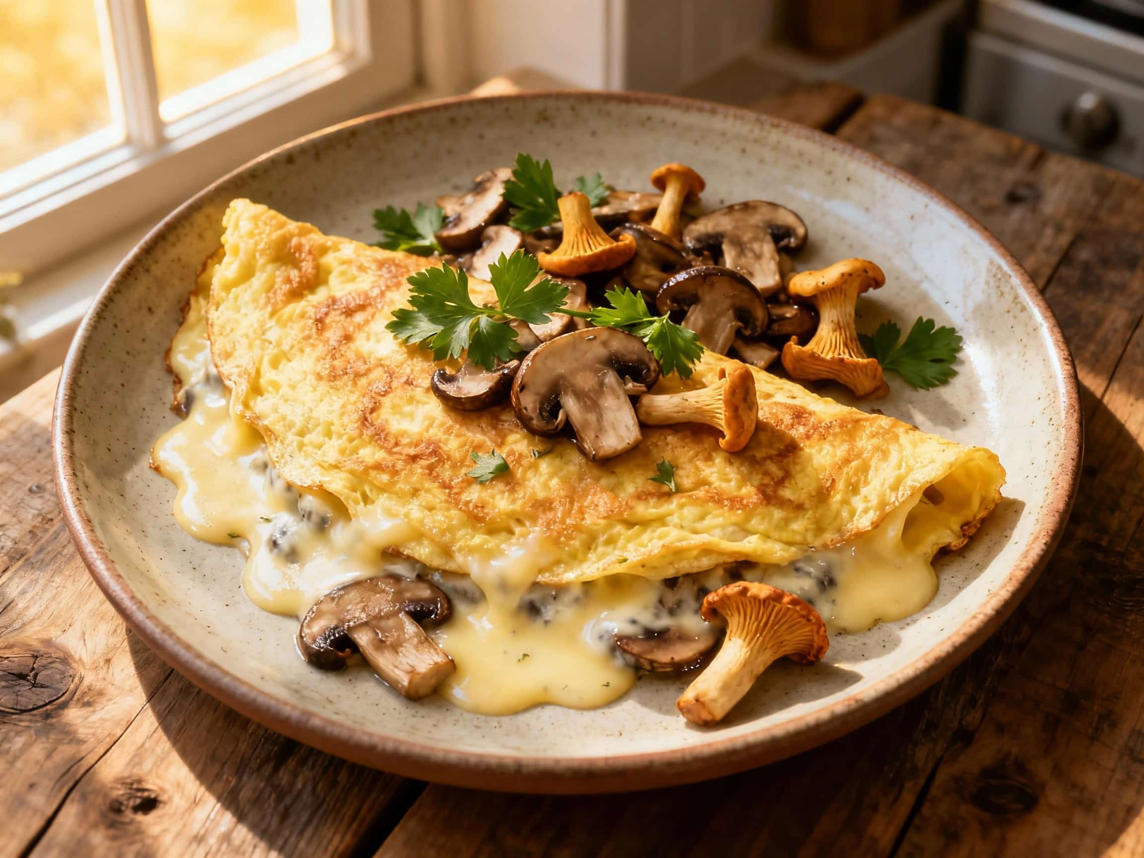 A golden-brown, fluffy omelet generously filled with savory forest mushrooms and melted Gruyere cheese, garnished with fresh parsley and served on a rustic wooden board with soft natural lighting.