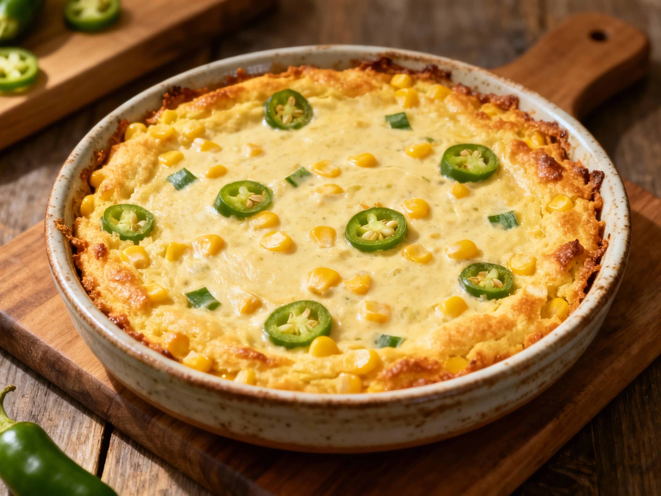 A golden-brown casserole dish is filled with creamy corn, dotted with bright green specks of jalapeño and garnished with fresh cilantro.