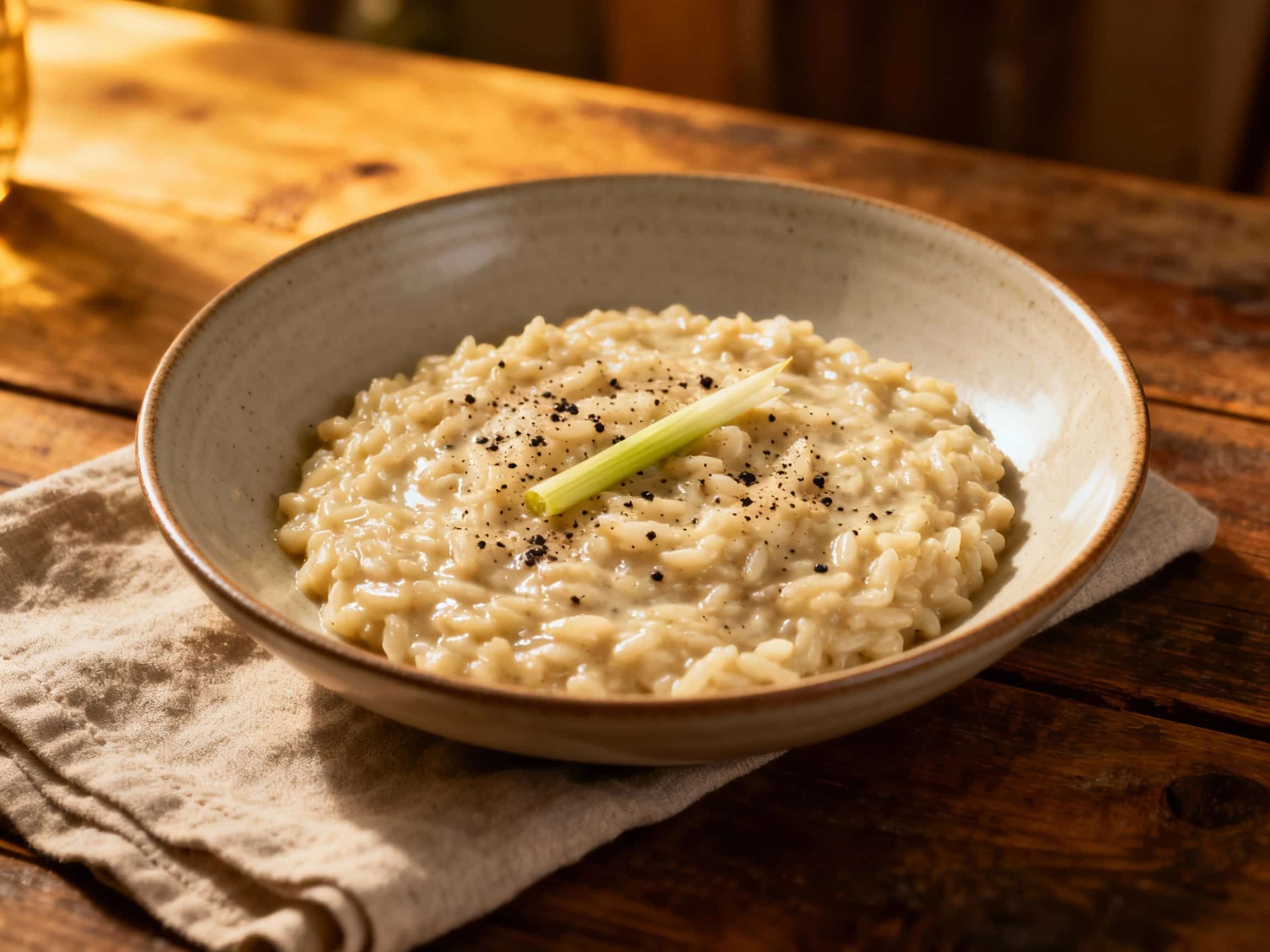 A steaming bowl of creamy risotto, infused with lemongrass and pepper, is generously topped with grated Parmesan cheese and fresh herbs for a bright, inviting presentation.