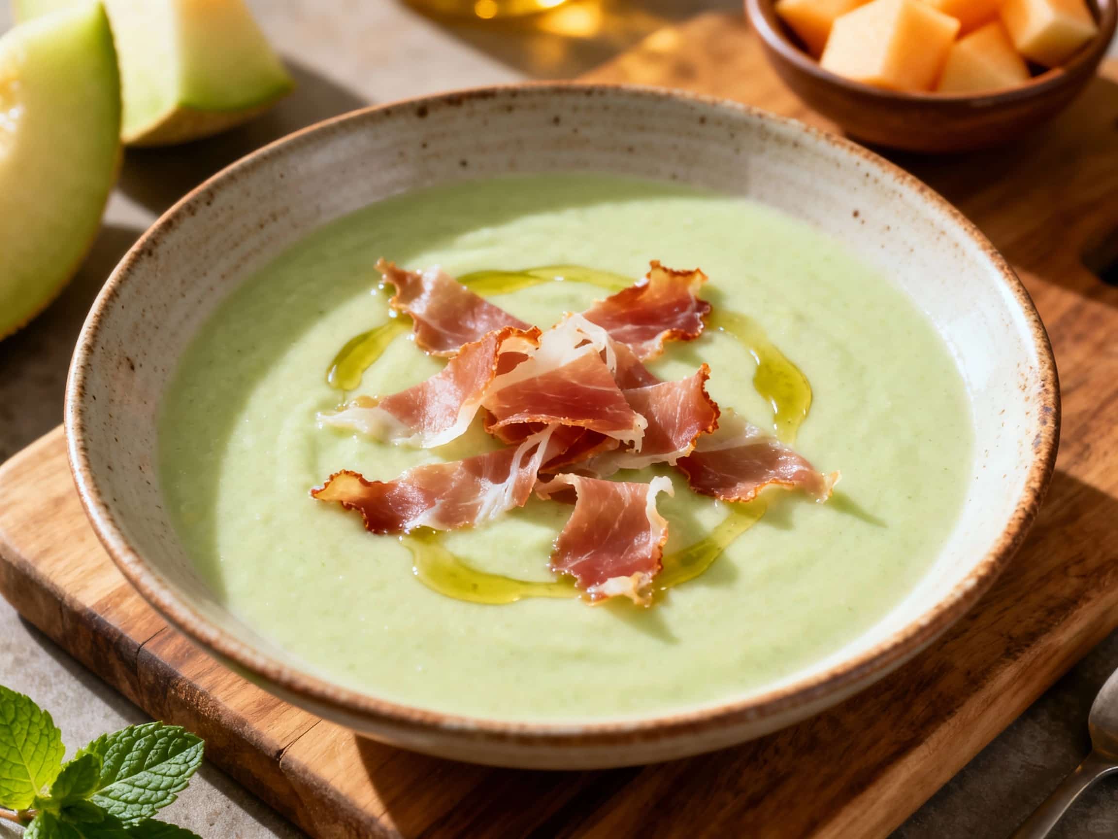 A beautiful white ceramic bowl holds a swirled, creamy chilled soup, blending vibrant orange and pale green hues from cantaloupe and honeydew melon. Delicate pieces of finely diced prosciutto are scattered artfully on top, alongside a few fresh, bright green mint leaves, adding a sophisticated garnish to this refreshing starter. The soup appears smooth and velvety, presented on a light, uncluttere