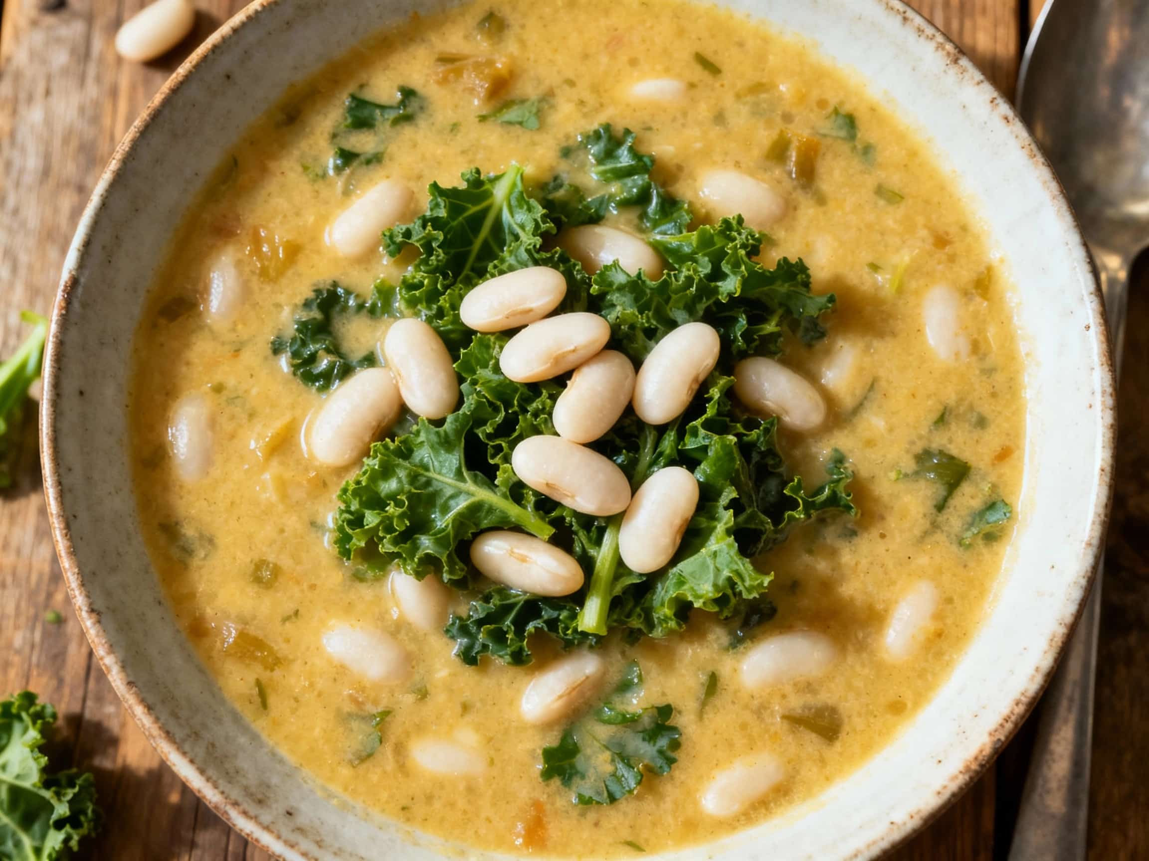 A hearty bowl of creamy minestrone soup is generously filled with white cannellini beans and vibrant kale, topped with a swirl of cream and fresh parsley.