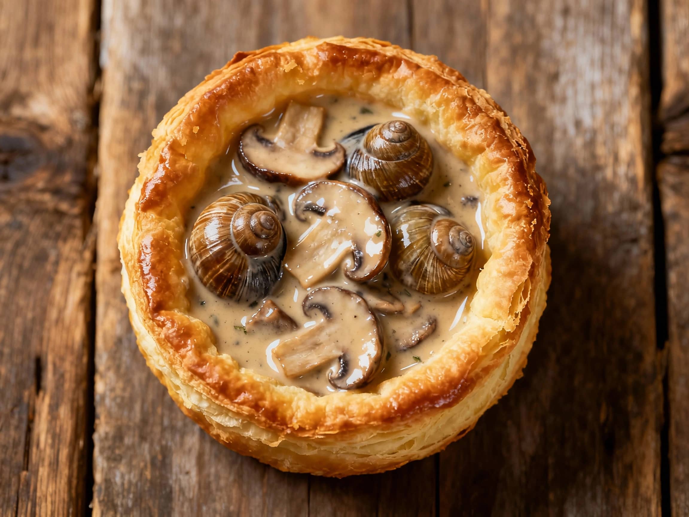 Golden puff pastry shells overflow with a rich, creamy filling studded with tender escargots and earthy mushrooms, garnished with fresh parsley.