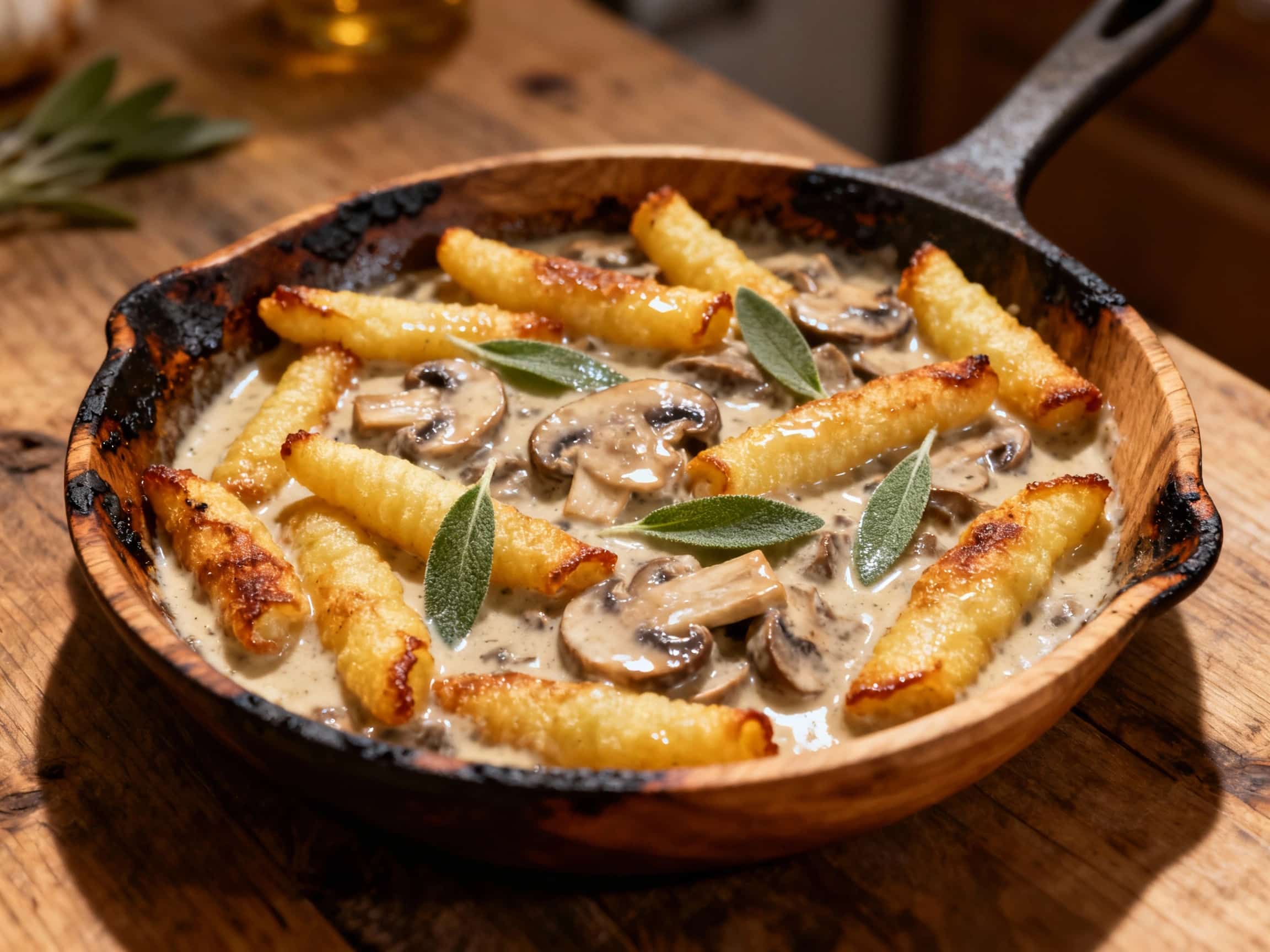 Golden-brown potato schupfnudeln are tossed with earthy sautéed mushrooms and fresh sage in a creamy sauce, glistening under soft kitchen lighting.