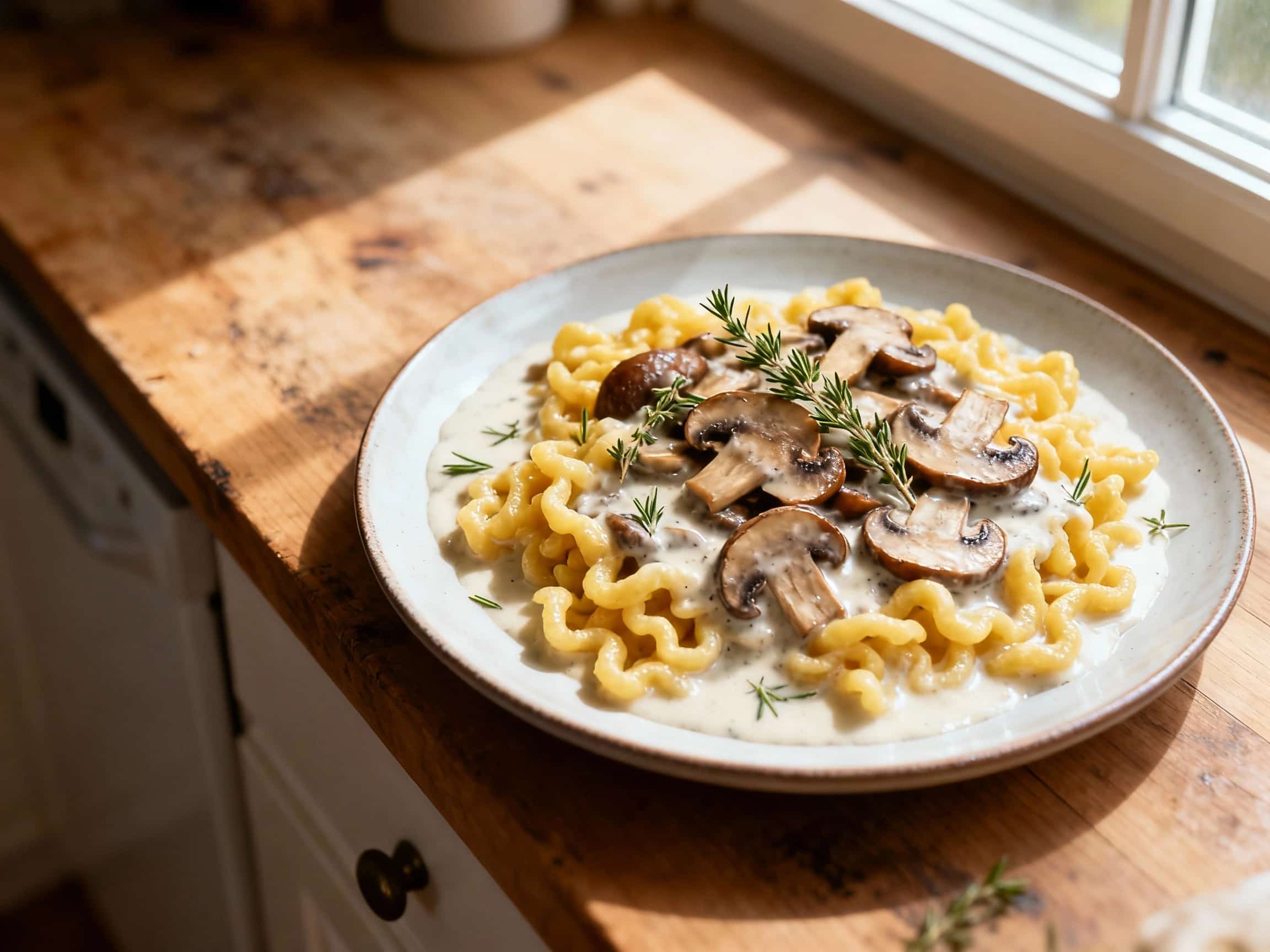 Golden-brown, irregular spätzle noodles are tossed in a creamy, savory mushroom sauce, garnished with fresh thyme sprigs and black pepper, creating a comforting yet elegant vegetarian dish.