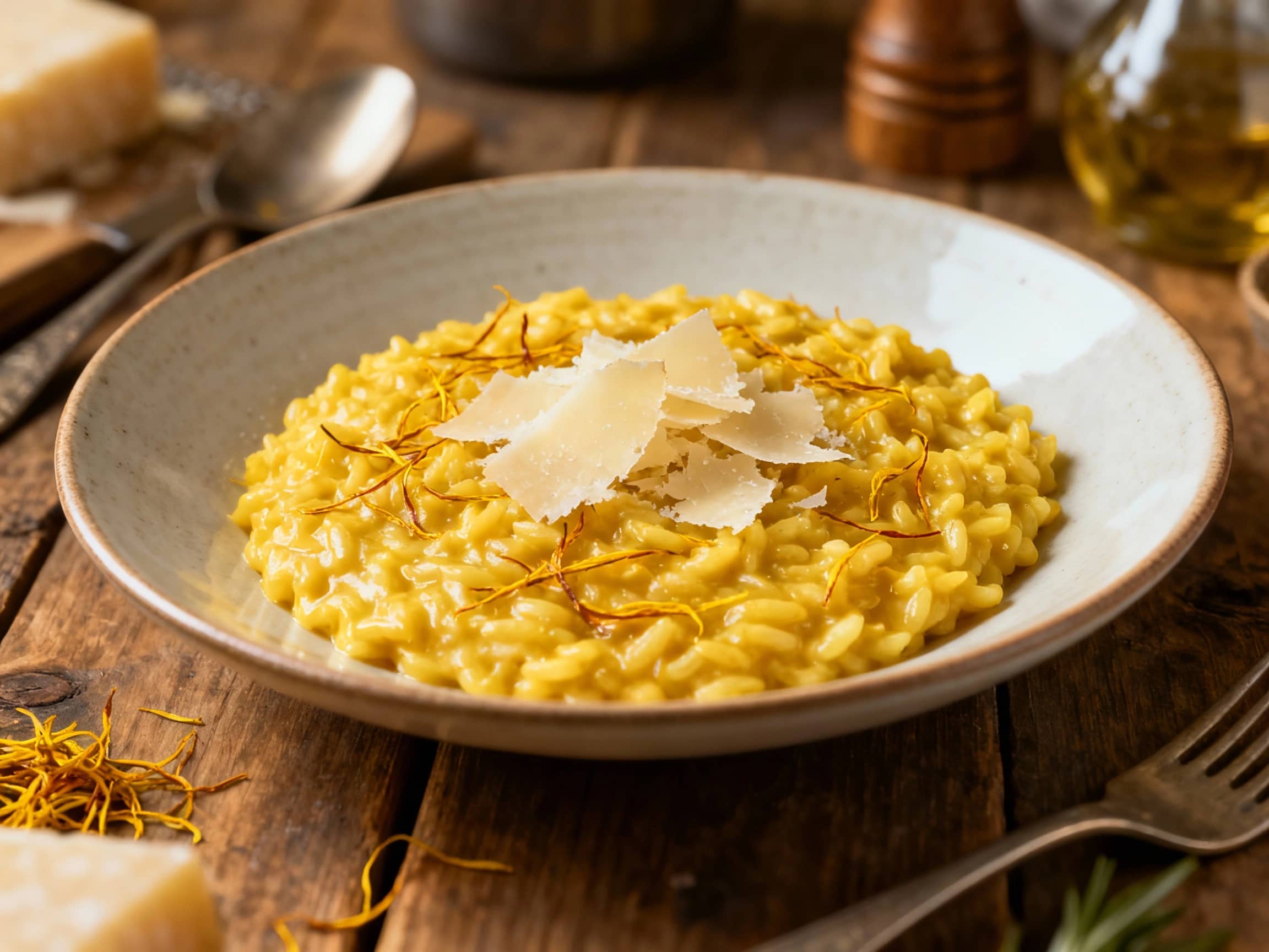 A beautifully plated creamy saffron risotto, presented in a round white bowl on a wooden surface. The risotto is a rich golden color, indicating the saffron infusion, and is topped with bright green herbs and a generous helping of finely shredded Parmesan cheese, highlighting its dairy-rich nature. The texture appears velvety and smooth, ready to be enjoyed as a comforting, cheesy meal.