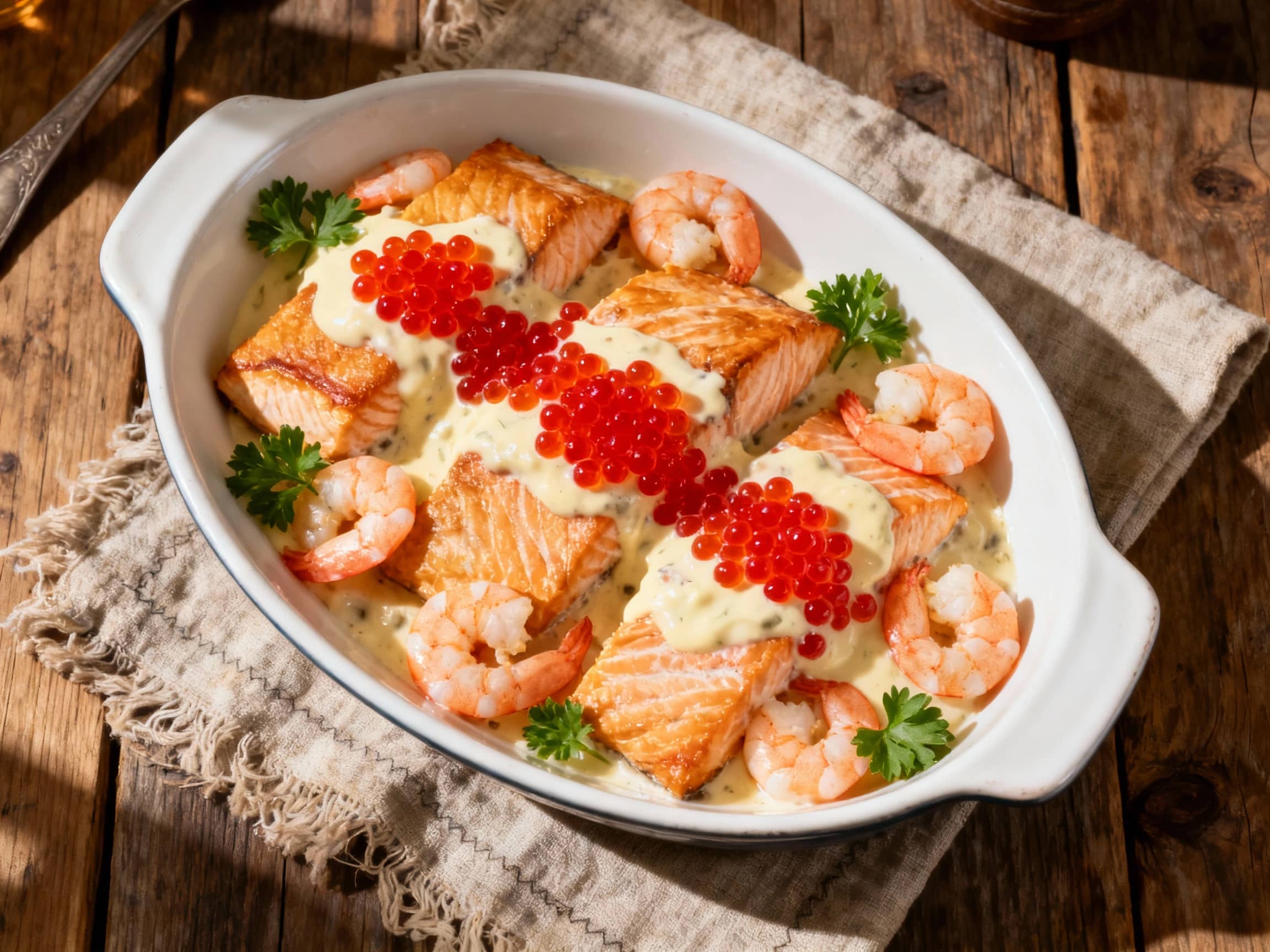 A beautifully plated dish features creamy salmon and shrimp, garnished with glistening red caviar and fresh dill, bathed in warm, inviting light.