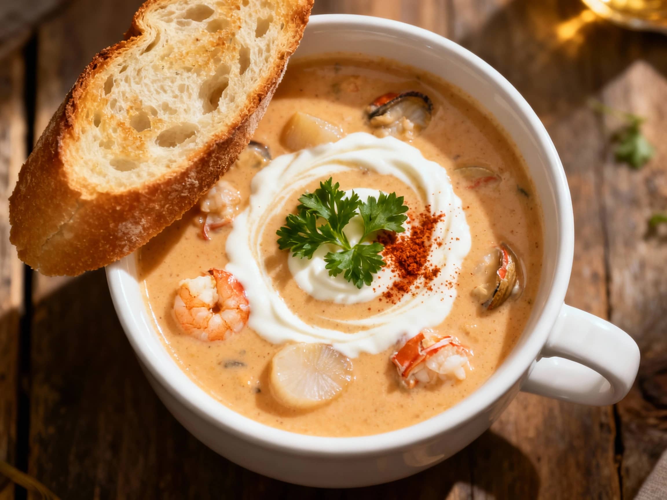 A comforting bowl of creamy seafood bisque, rich with tender morsels, is served with a perfectly toasted baguette slice, inviting a delightful culinary experience.