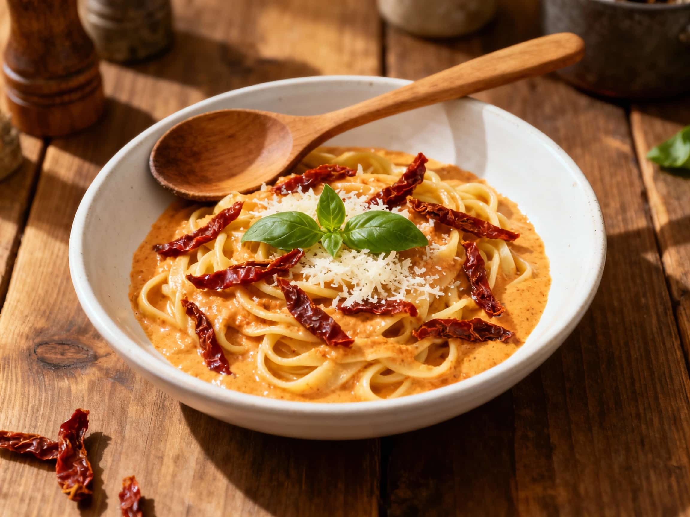 A luscious swirl of creamy Alfredo sauce, rich with sun-dried tomatoes, blankets perfectly cooked pasta in a cozy, inviting dish.