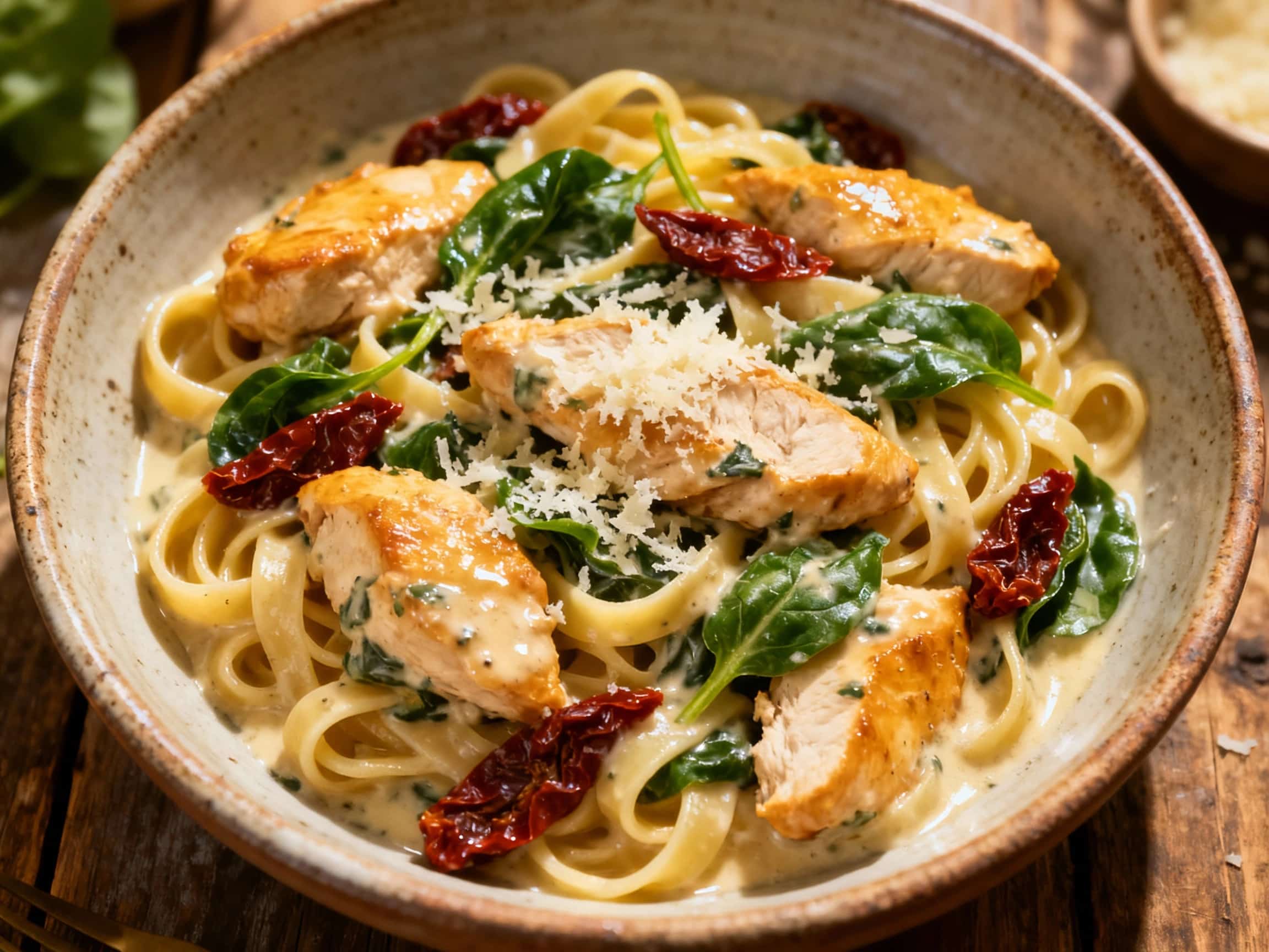 A delicious Tuscan chicken pasta dish is served in a white bowl, topped with fresh parsley and a drizzle of cream sauce.