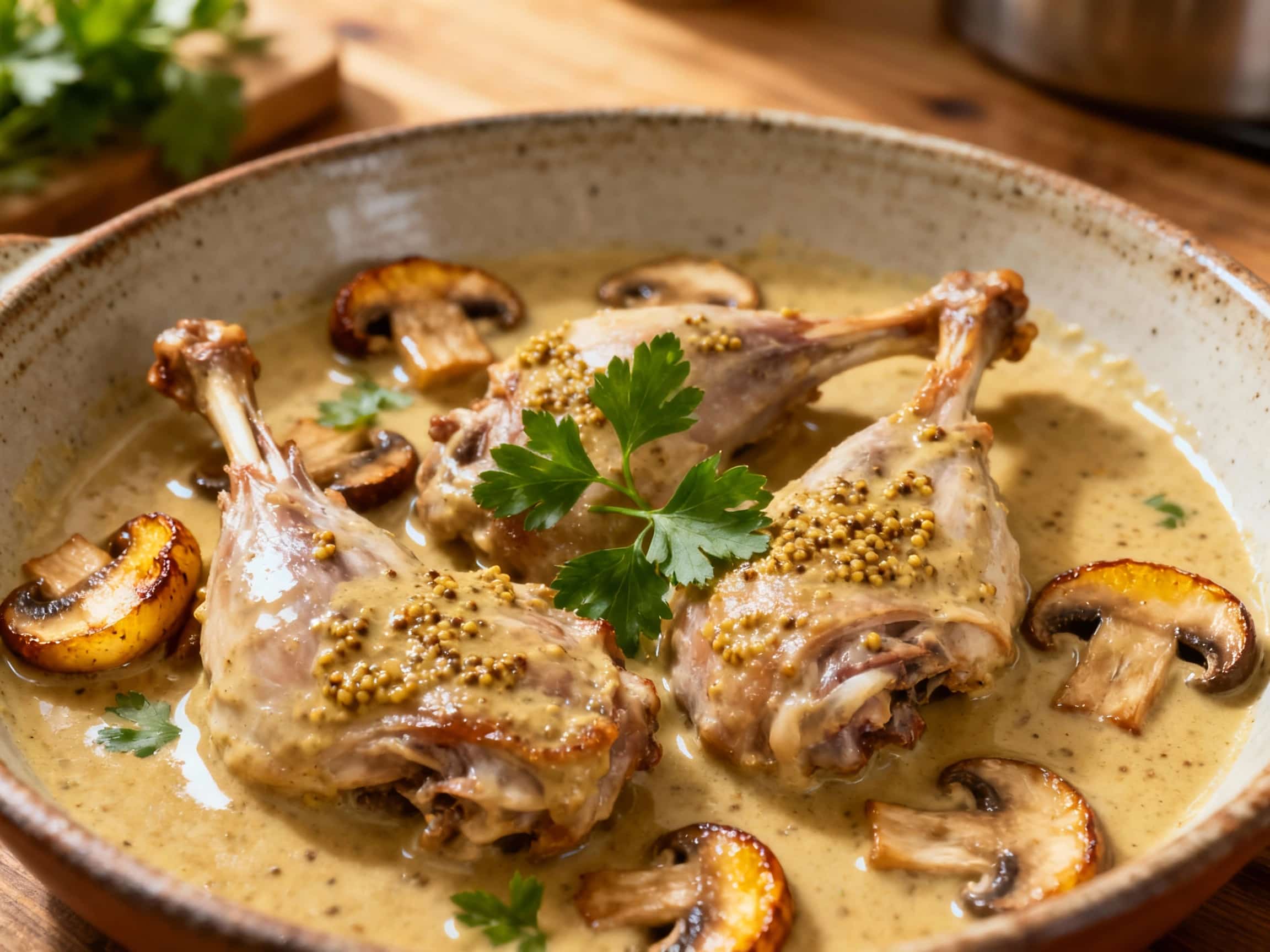 Creamy Whole Grain Mustard Lapin with Mushrooms