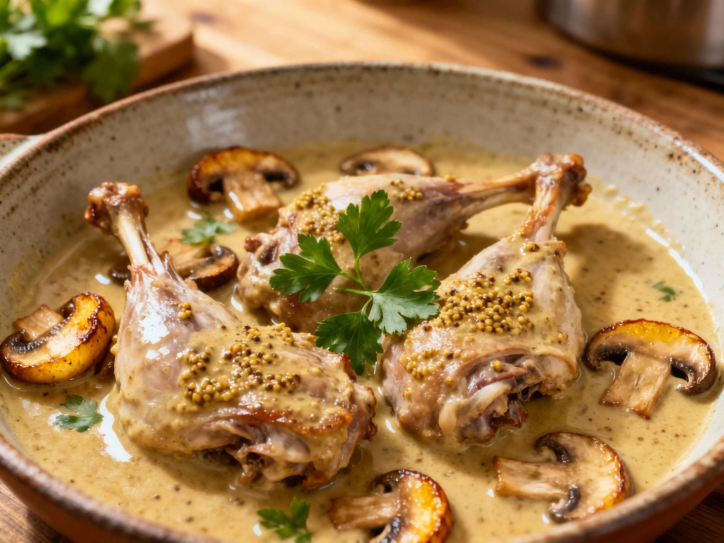 A rustic rabbit stew with tender pieces of meat, earthy mushrooms, and a rich, creamy whole grain mustard sauce is served in a cast iron pot, hinting at a comforting, homemade meal.