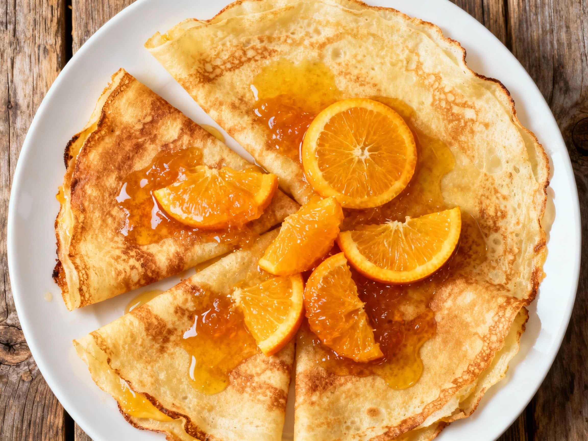 Delicate crêpes suzette, bathed in a warm, glossy orange sauce and beautifully flambéed with liqueur, are presented elegantly on a white plate, creating a sophisticated and inviting dessert.