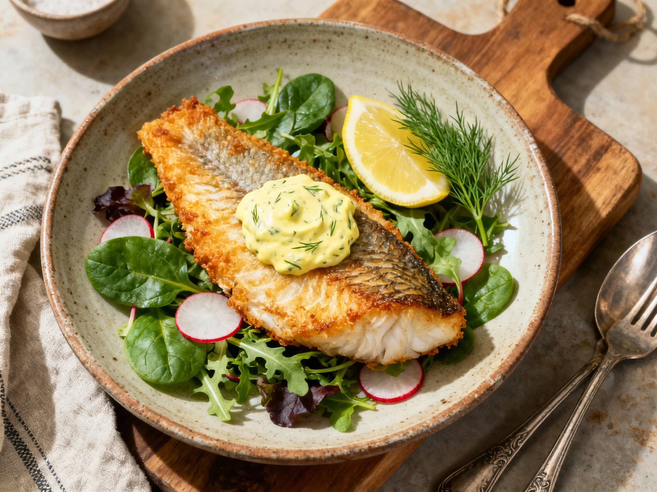 A perfectly golden-brown piece of cod, with a visibly crispy crust, is served on a white plate and topped with a dollop of creamy lemon dill remoulade.