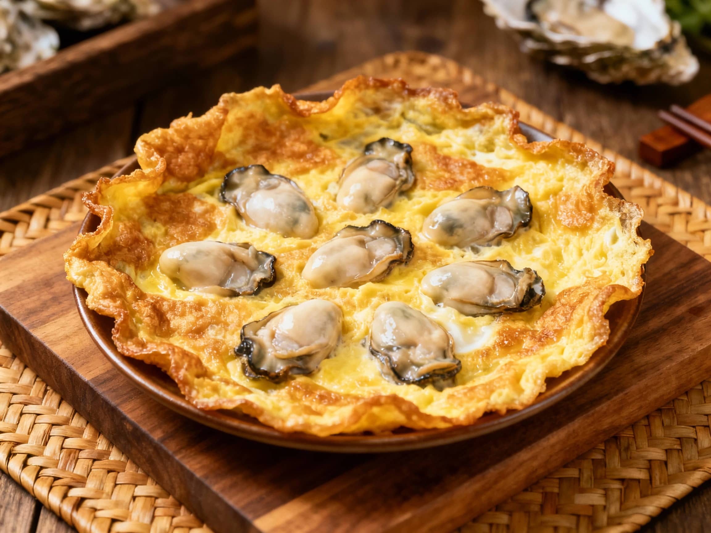 A piping hot oyster omelet with golden-brown, crispy edges sits glistening in a dark pan, topped with fresh herbs and ready to eat.