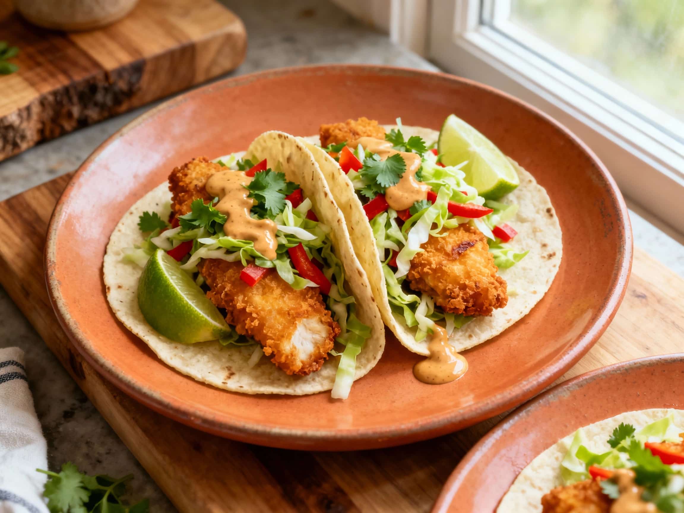 Three golden-brown, crispy fish tacos are artfully arranged on a rustic wooden board, topped with vibrant, crunchy chipotle lime slaw and fresh cilantro, ready to be enjoyed.