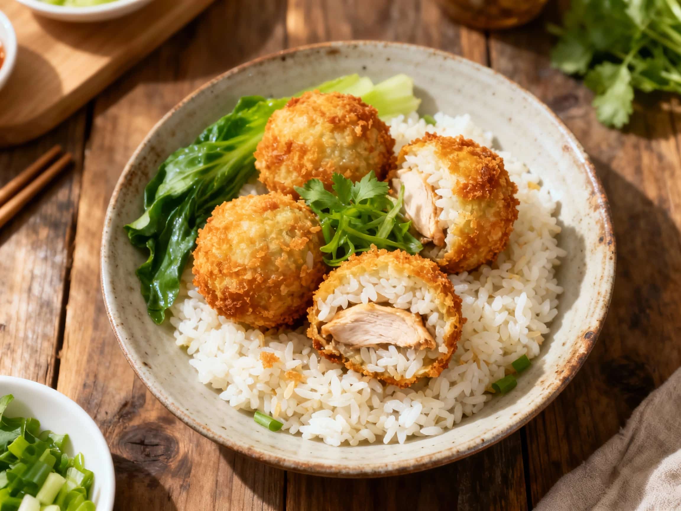 Golden brown, perfectly round rice balls sit next to tender, juicy slices of steamed chicken, artfully arranged on a white plate garnished with fresh cucumber slices and cilantro.