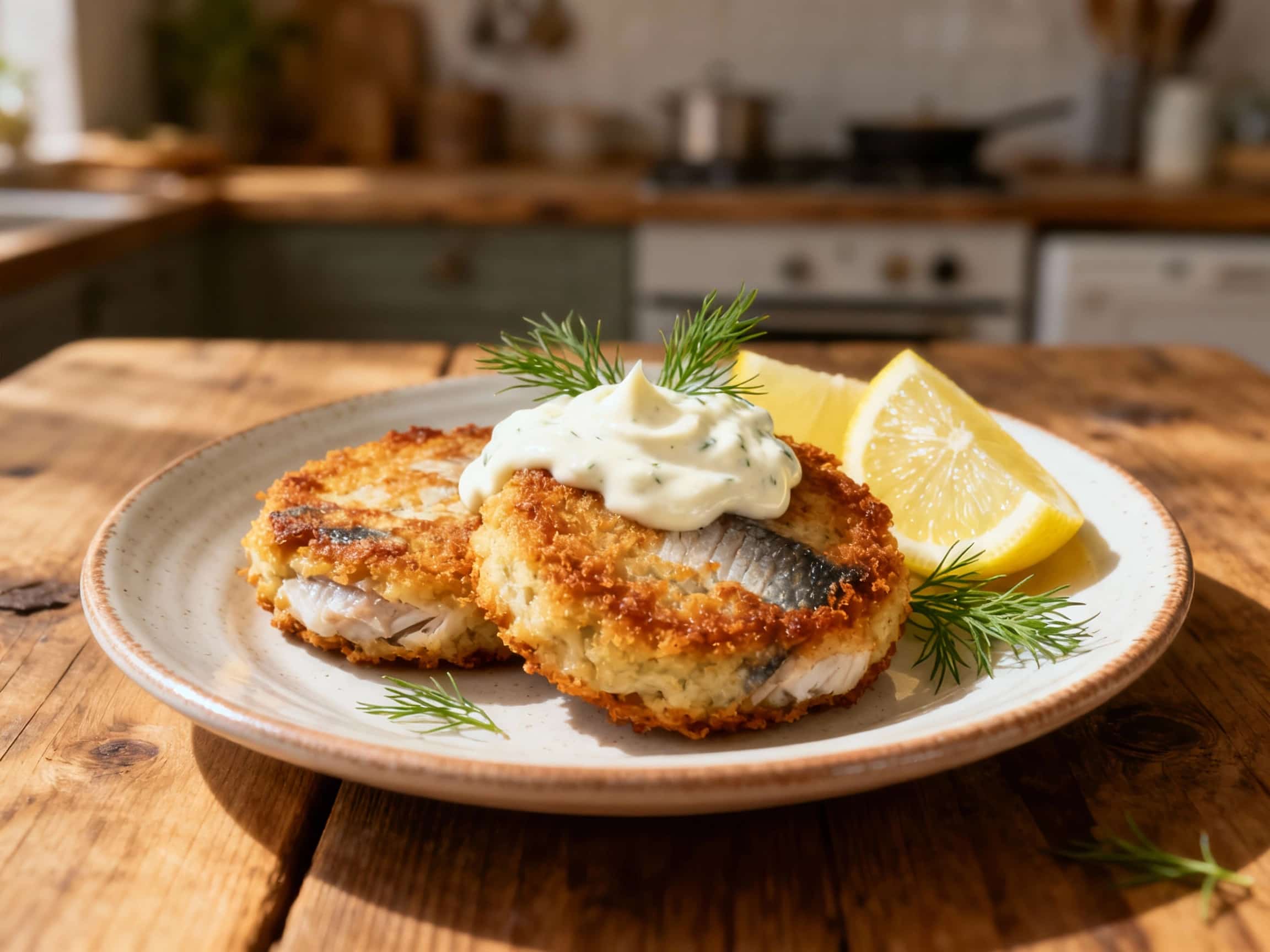 Golden-brown, pan-fried herring fish cakes, lightly garnished with fresh parsley, sit atop a white plate next to a dollop of creamy lemon aioli and a lemon wedge.