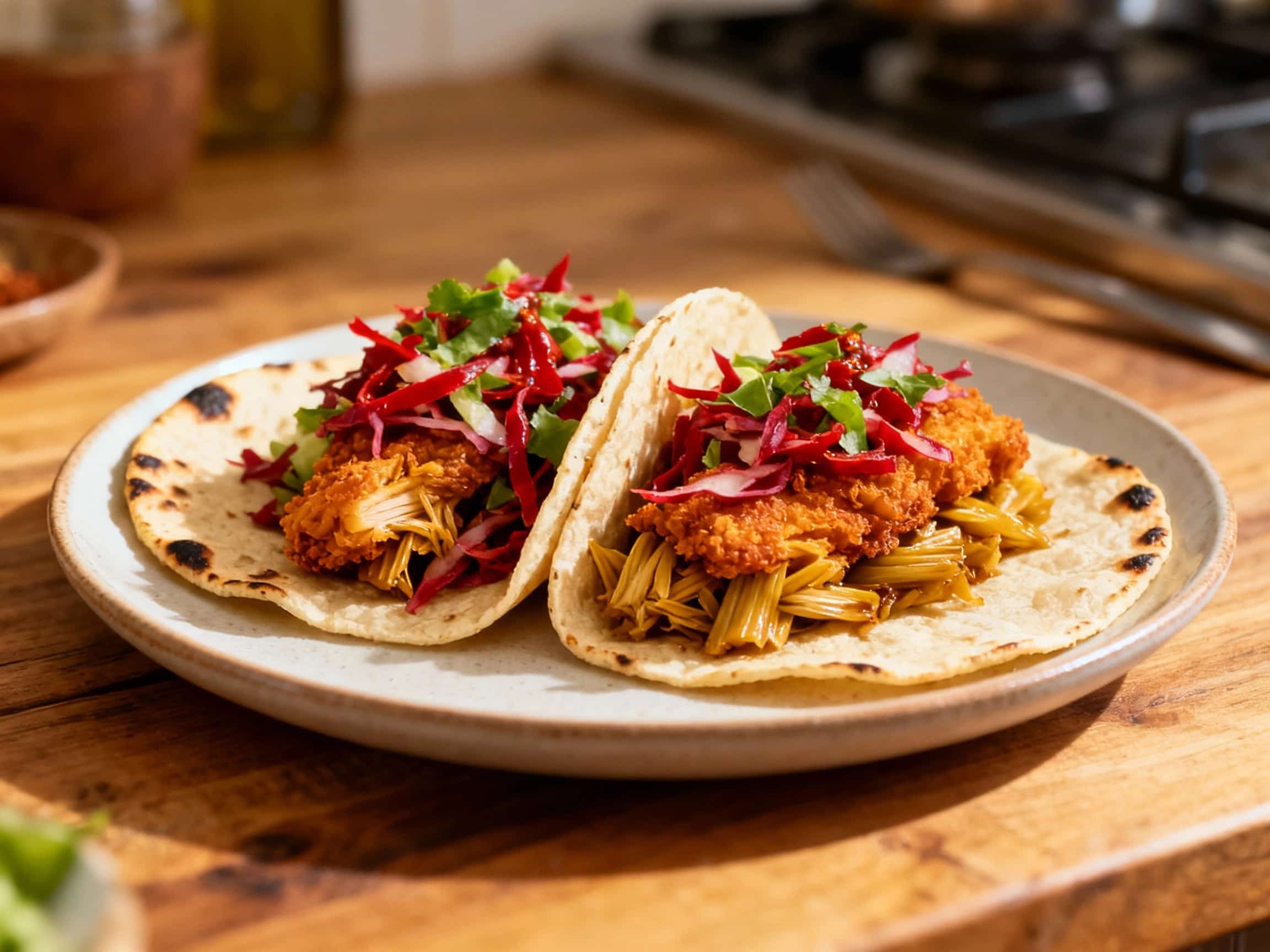A close-up of three vibrant vegan jackfruit 'fish' tacos presented on a rustic wooden board. Each taco is filled with crispy, golden-brown jackfruit, looking remarkably like fried fish, and topped generously with a creamy, colorful chipotle slaw featuring shredded red and green cabbage. Fresh green cilantro is sprinkled on top, and bright lime wedges add a pop of color alongside the tacos, suggest