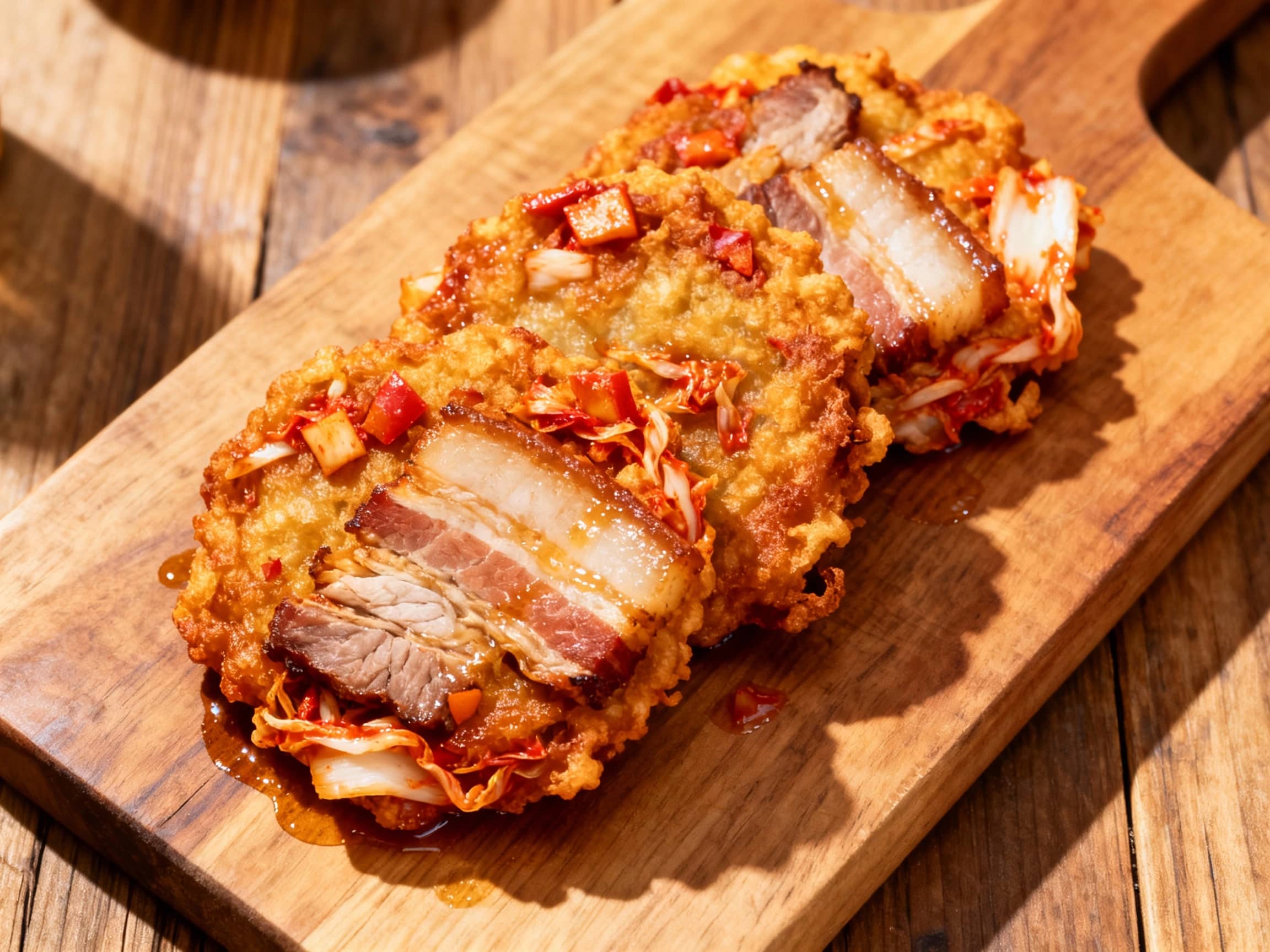 A rustic wooden board holds several golden-brown, irregularly shaped Crispy Kimchi and Pork Belly Fritters, adorned with bright green chopped scallions. Visible pieces of red kimchi and savory pork belly are embedded within the crispy batter. A small bowl of rich red gochujang dipping sauce sits beside them, inviting you to taste this delightful Korean-inspired fried snack.
