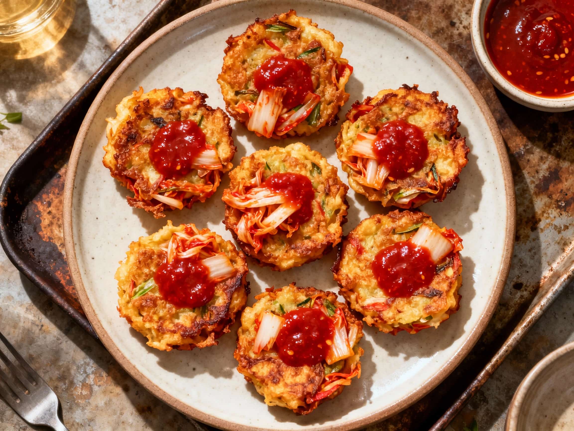 Golden brown, crispy kimchi pancake bites arranged artfully on a platter, served with a vibrant red gochujang dip for a spicy, savory appetizer experience.