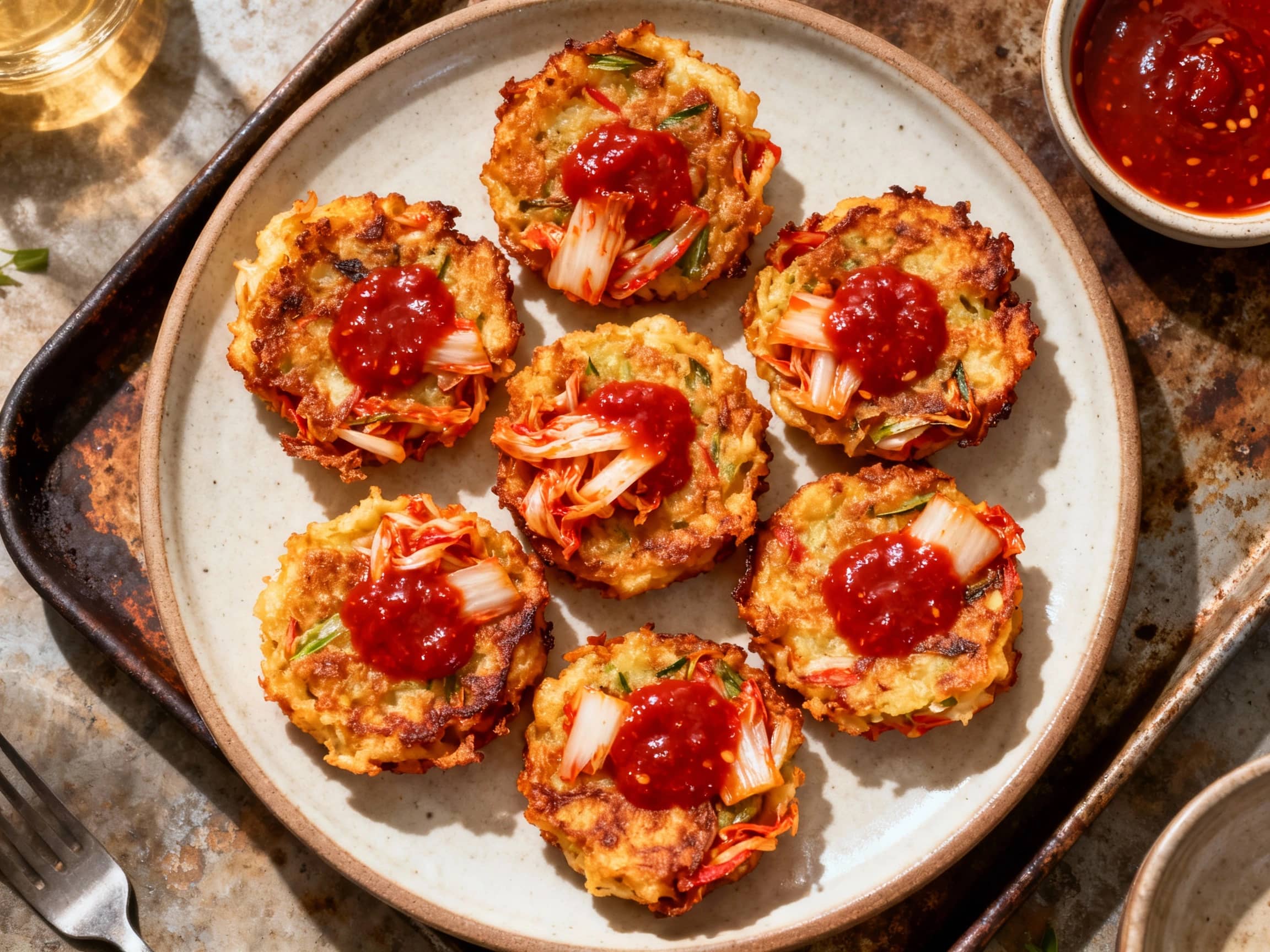 Golden brown, crispy kimchi pancake bites arranged artfully on a platter, served with a vibrant red gochujang dip for a spicy, savory appetizer experience.