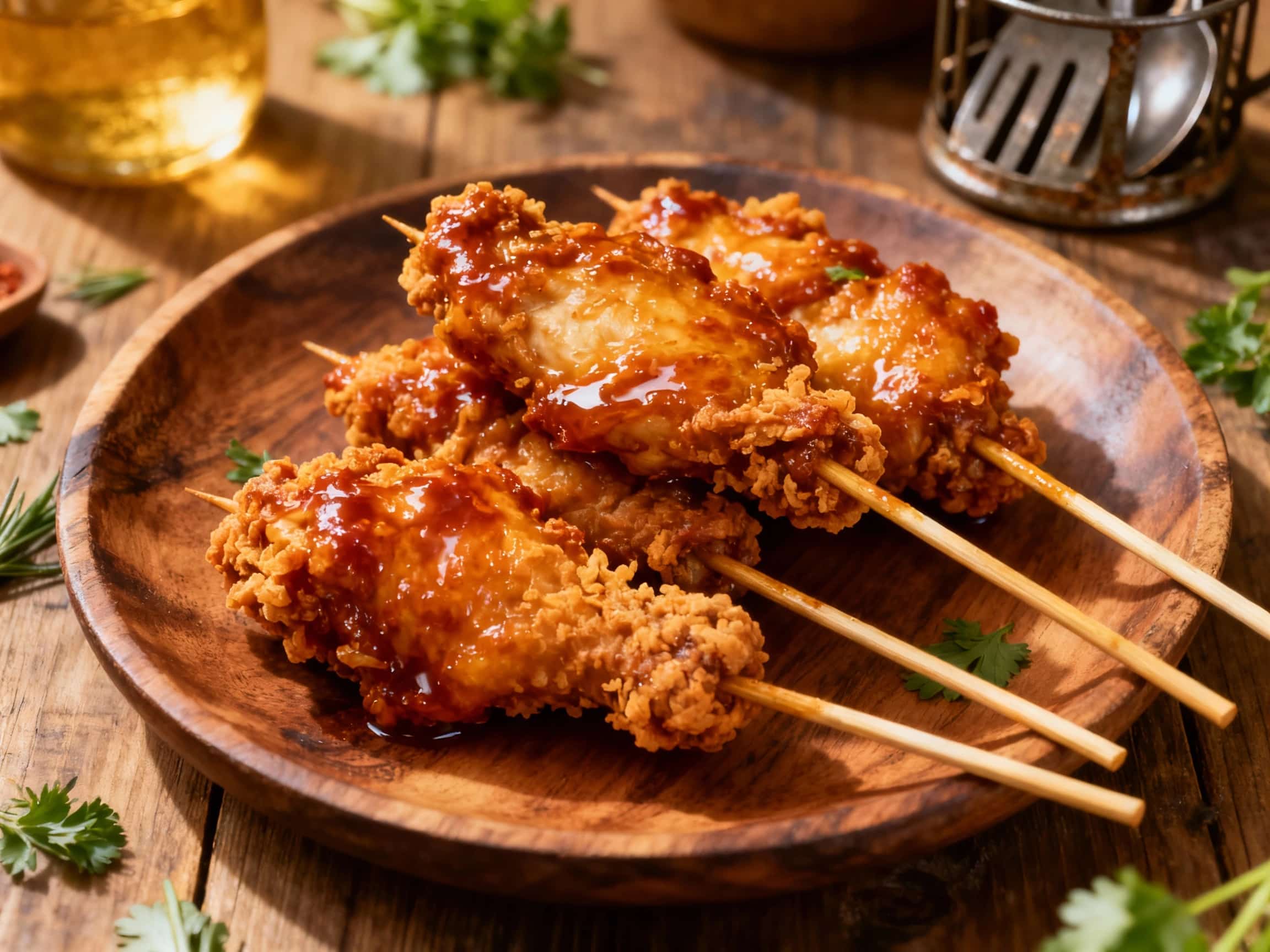 A platter of golden-brown Korean fried chicken skewers, each generously coated in a glistening, ruby-red gochujang glaze. The skewers are adorned with a scattering of white sesame seeds and bright green chopped scallions, presented on a dark, rustic wooden board. The chicken pieces appear perfectly crispy, hinting at the delightful texture and spicy-sweet flavor of this popular street food.