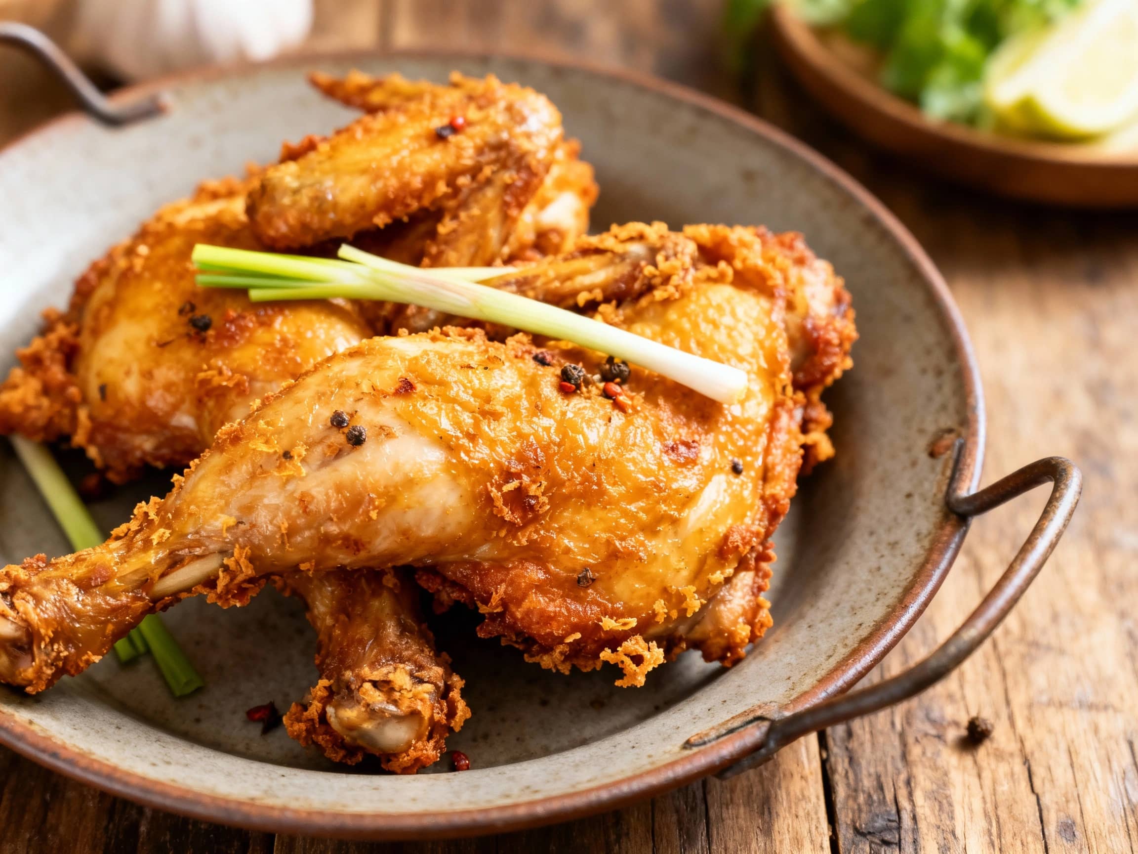 Close-up shot of perfectly fried Indonesian chicken, Ayam Goreng, with a crispy, golden surface. It is presented on a traditional platter alongside a small dish of fiery red chili sambal and a steaming portion of white rice, ready to be enjoyed.