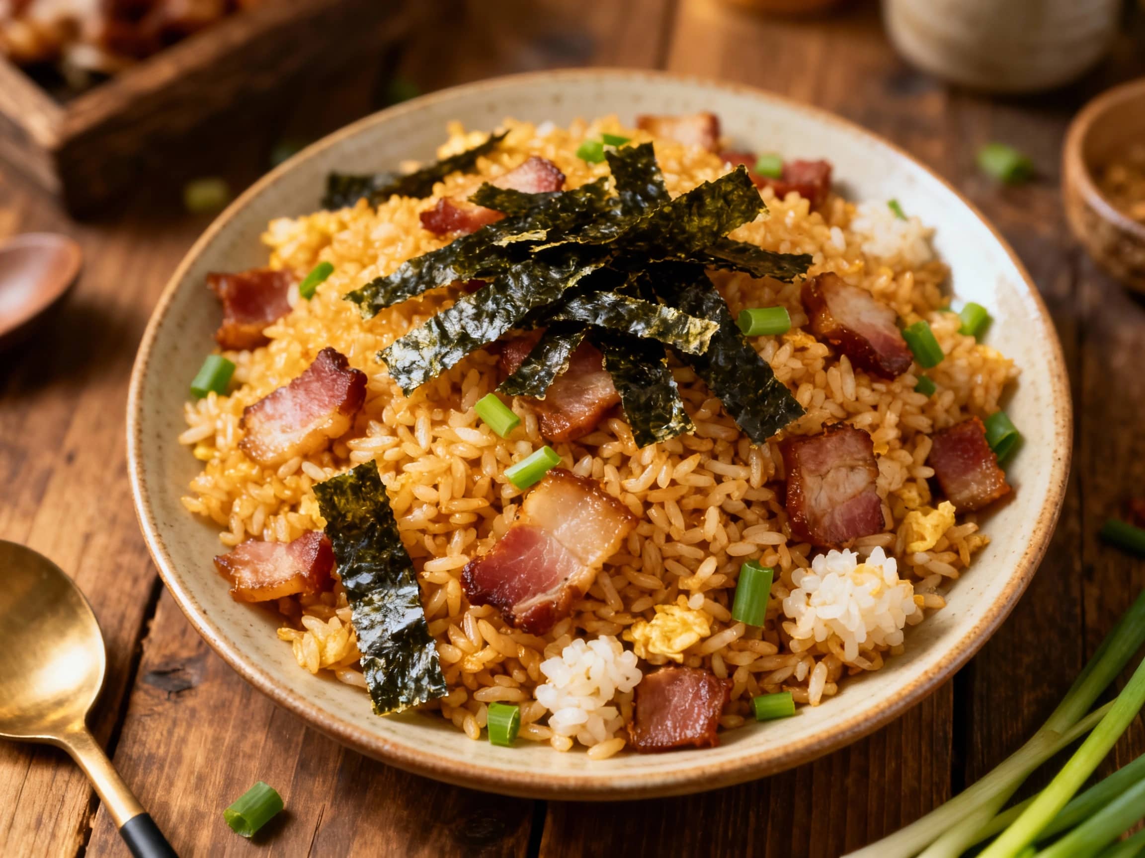 Golden fried rice piled high, topped with crispy strips of bacon, dark green seaweed nori flakes, and a sprinkle of fresh chives, creating a savory and comforting meal.