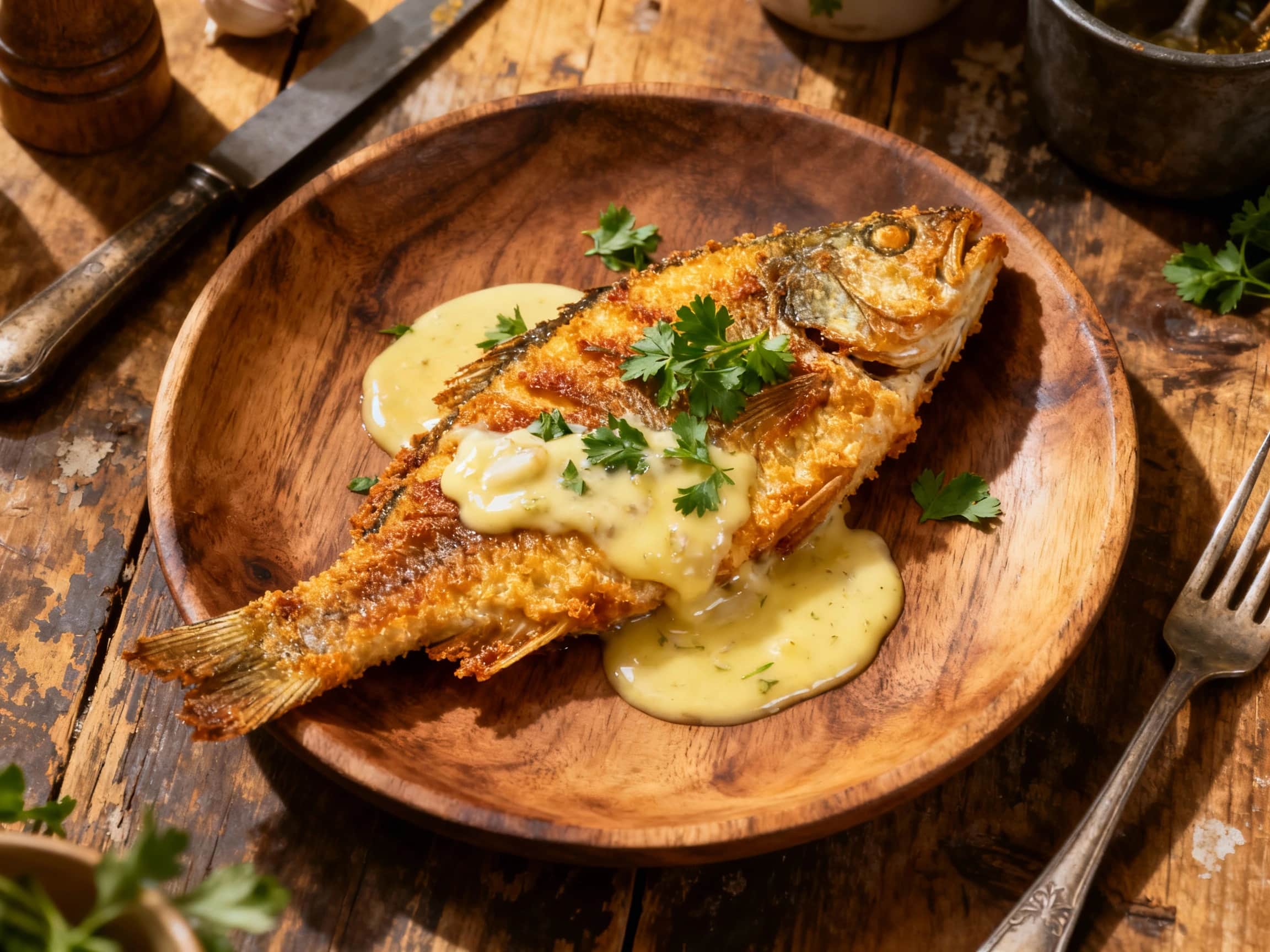 Two crispy, golden-brown pan-fried perch fillets, topped with melted garlic butter and fresh green parsley, rest on a rustic wooden table. Bright yellow lemon wedges are arranged around the fish, ready to be squeezed. The dish looks inviting and perfectly cooked, highlighting its flaky texture and rich, savory topping.