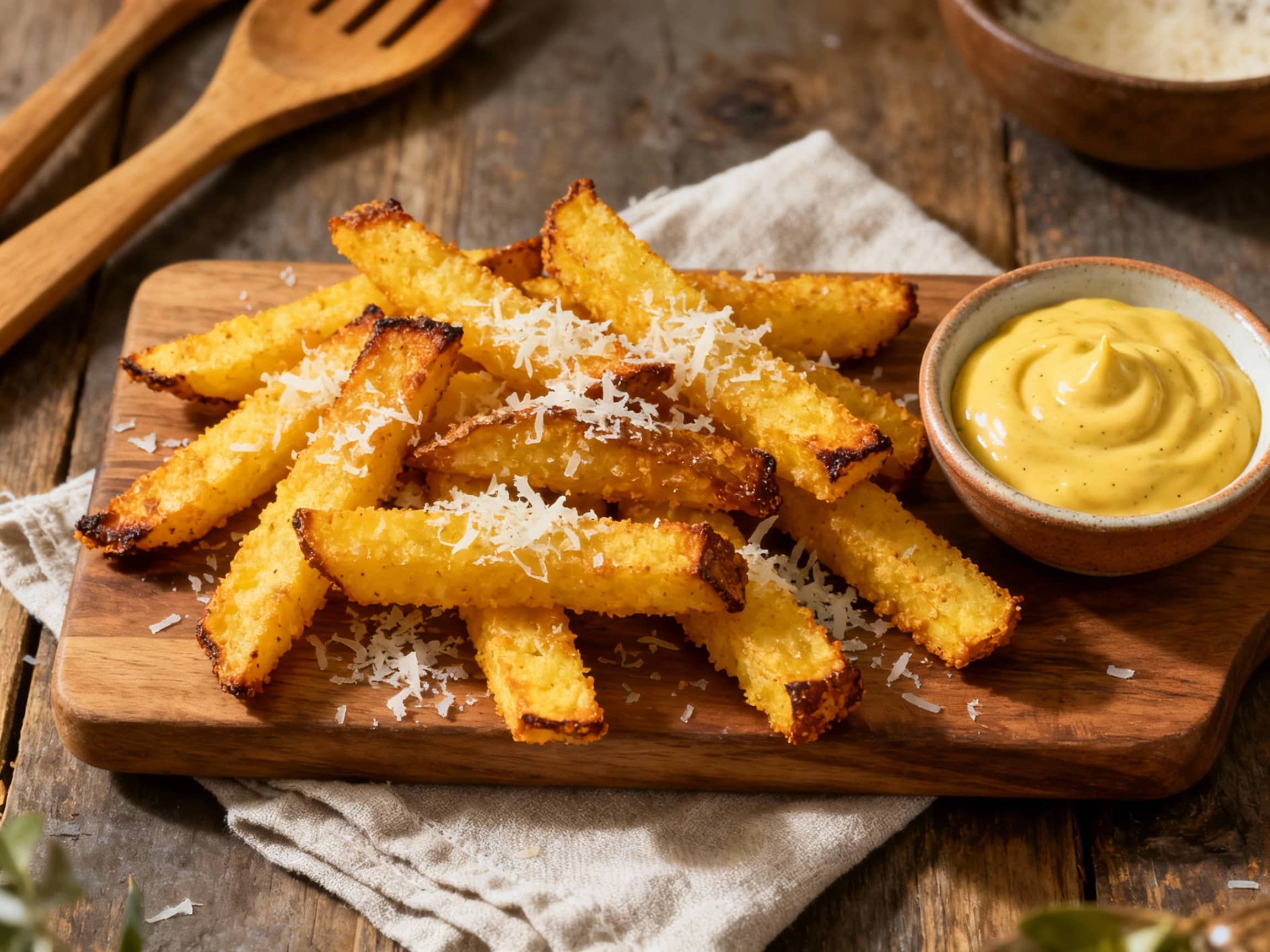 A close-up shot of golden-brown, crispy polenta fries generously coated in Parmesan cheese and herbs, stacked neatly on a rustic wooden serving board. Next to the fries, a small ceramic bowl holds creamy, pale yellow Dijon aioli, garnished with fresh parsley. The scene is bathed in warm, natural light, emphasizing the irresistible texture and inviting appearance of the side dish.