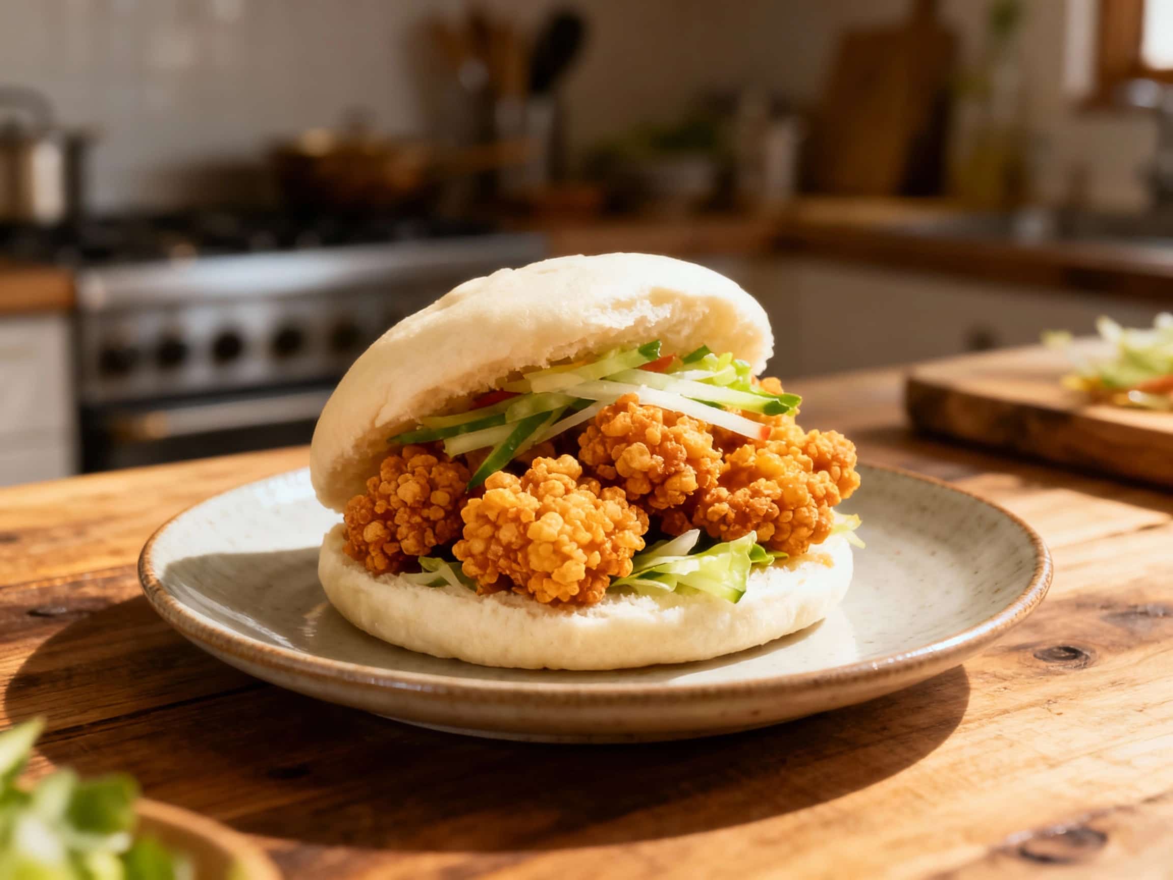 Plump, steamed gua bao buns cradle golden, crispy popcorn chicken, drizzled with spicy mayo and topped with fresh cilantro for a vibrant, street-food-inspired presentation.