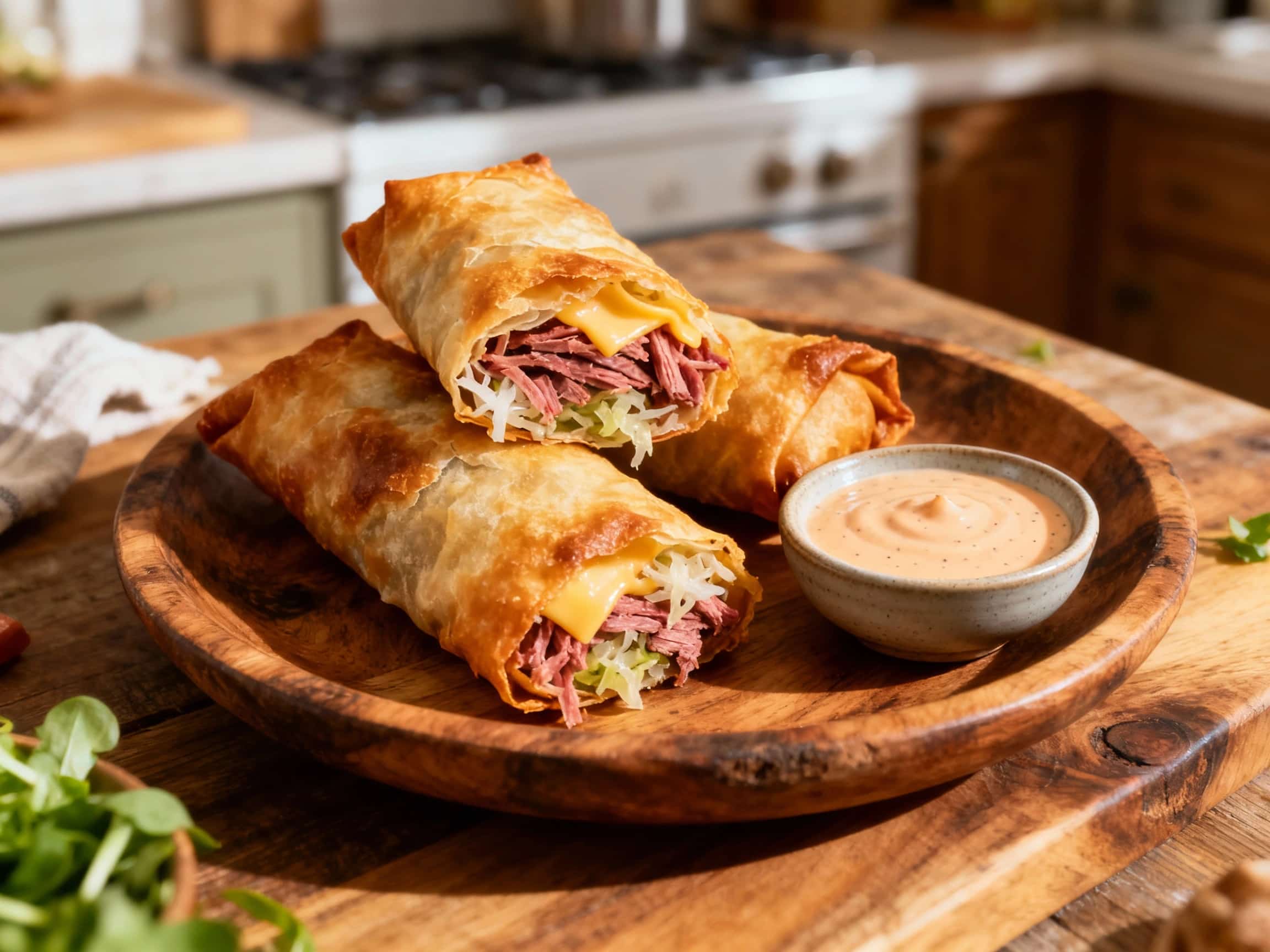Crispy Reuben Spring Rolls with Russian Dressing Dipping Sauce