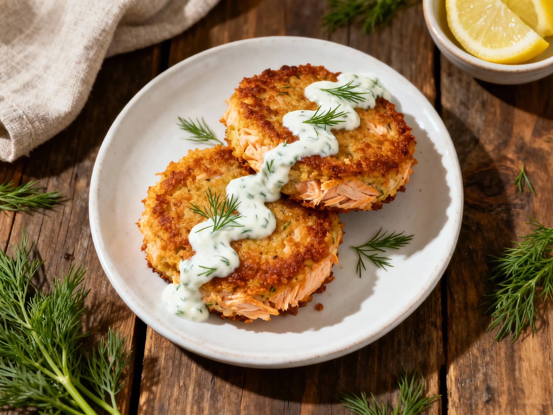 Golden-brown salmon cakes, lightly crisp on the outside and tender within, are artfully arranged on a platter and drizzled with a creamy dill yogurt sauce, ready to be enjoyed.