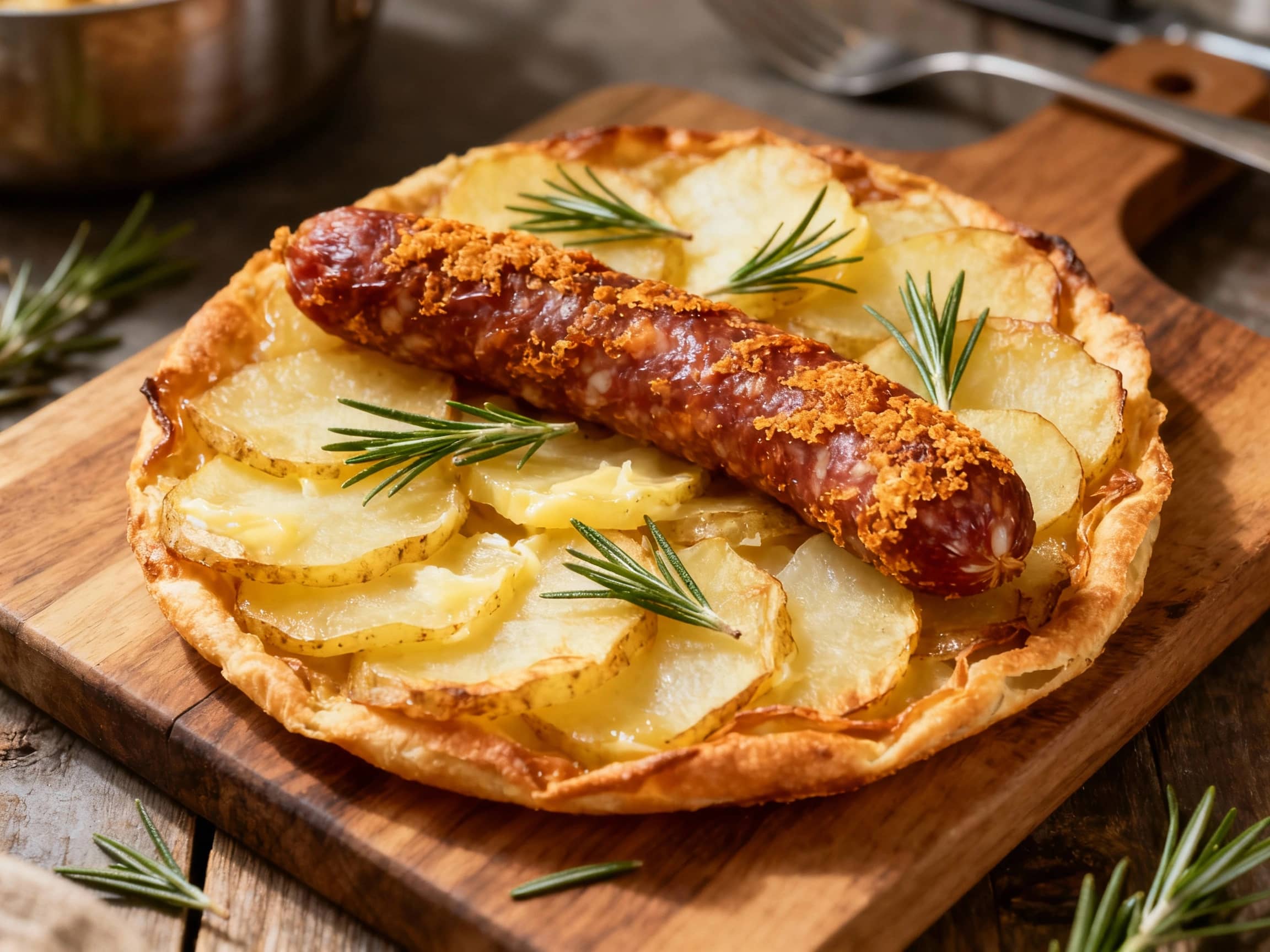 A golden-brown, rustic galette showcases flaky pastry filled with crispy-rolled saucisson slices and tender potato rounds, topped with fragrant rosemary sprigs and glistening with a light oil.