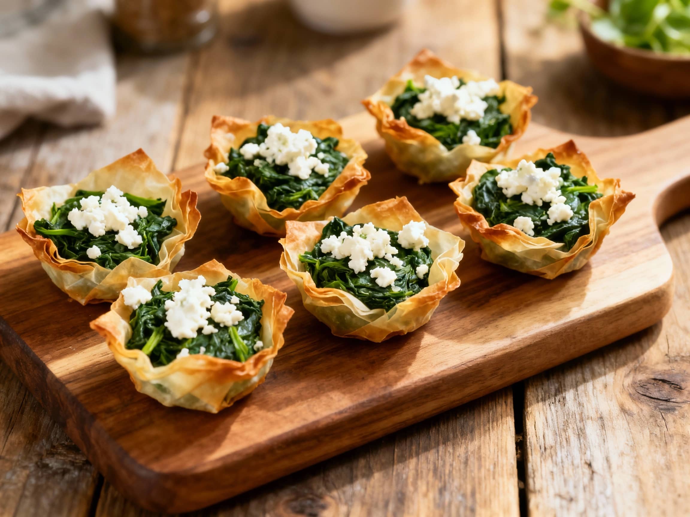 Golden brown, flaky phyllo dough generously filled with spinach and feta cheese, baked into delightful bite-sized puffs and arranged artfully on a white ceramic platter.