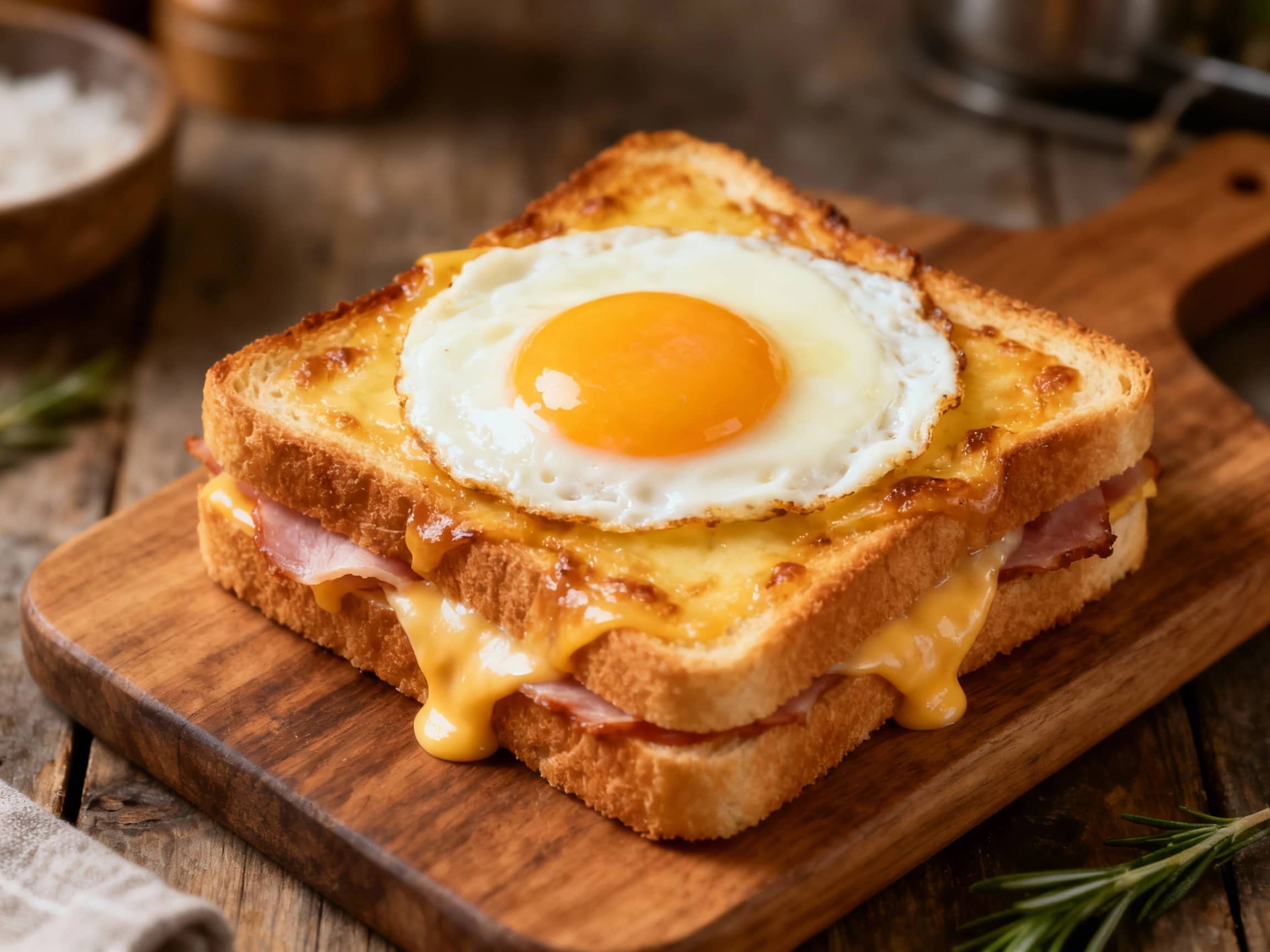 A golden-brown croque madame sandwich is topped with a perfectly fried egg, its sunny yolk glistening under warm kitchen light, ready to be devoured.