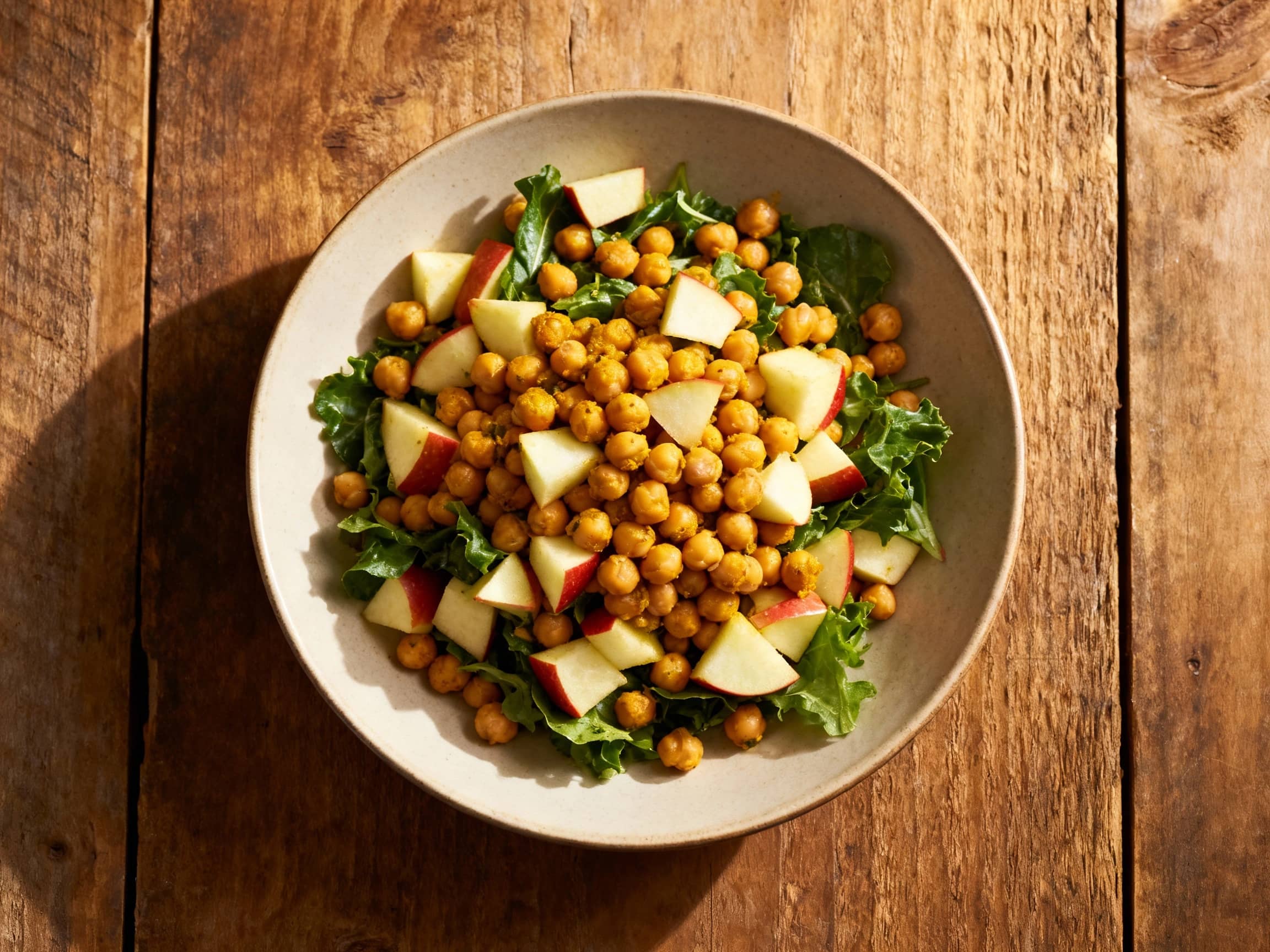 A vibrant curried chickpea and apple salad is piled high in a rustic white bowl, topped with fresh cilantro and a sprinkle of crunchy almonds, ready to be enjoyed on a bright, sunlit table.