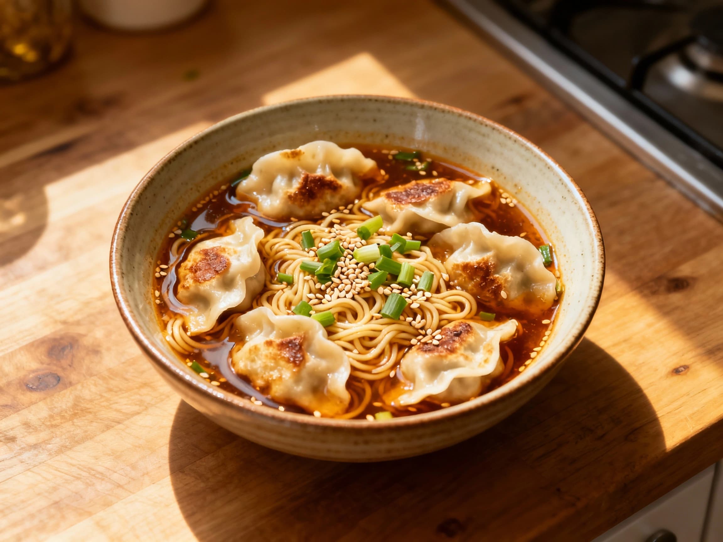 Dan Dan Noodle Soup with Dumplings