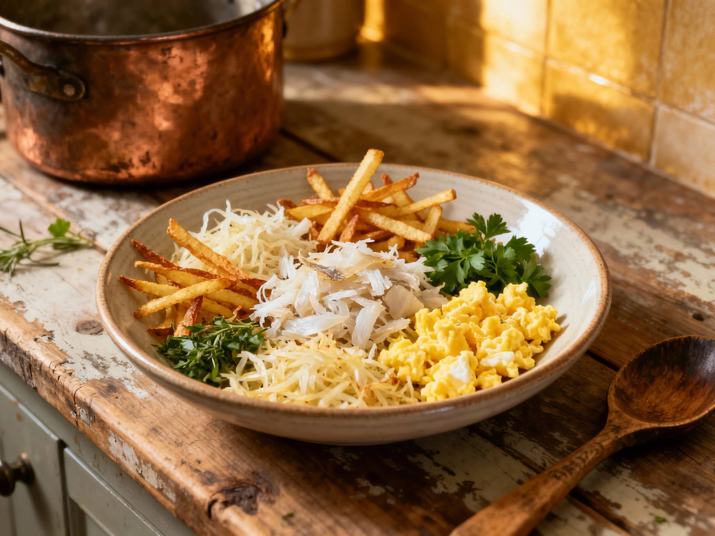 Flaky salt cod, crispy potatoes, scrambled eggs, and black olives artfully arranged on a white plate, ready to be tossed into a vibrant, deconstructed salad with a side of greens.