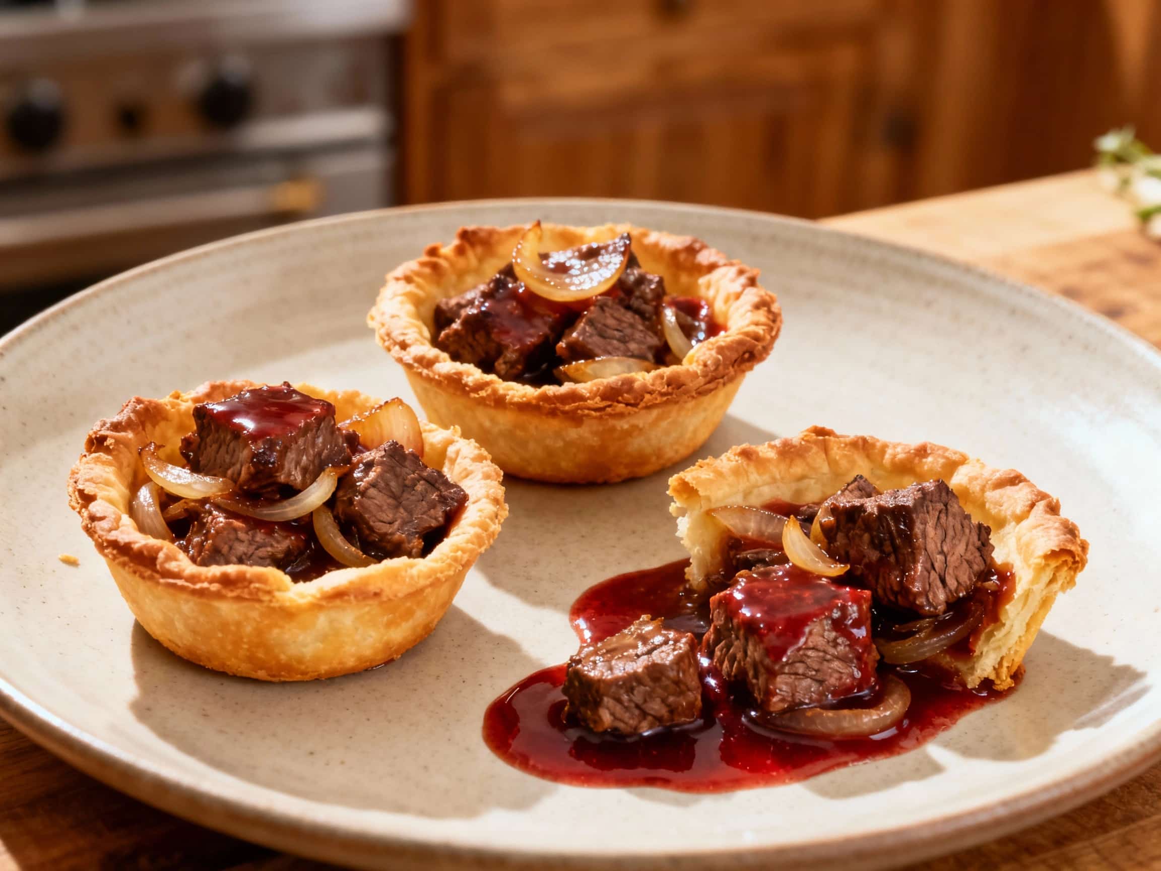 Savory tartlets feature tender, rich beef bourguignon filling nestled in flaky pastry shells, garnished with fresh parsley and a hint of pearl onions, presented beautifully on a rustic wooden board.