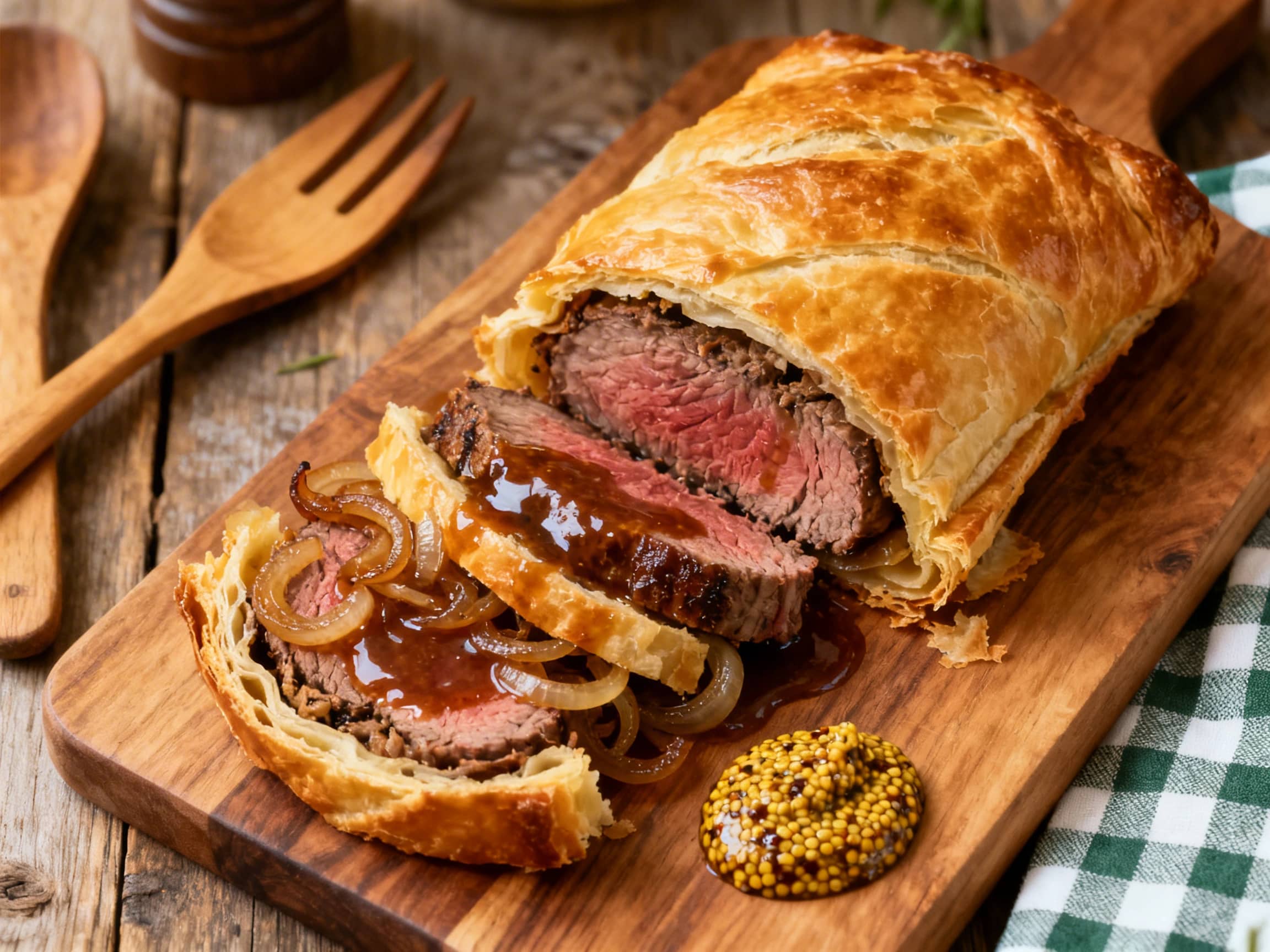 A sophisticated deconstructed Beef Wellington tart, showcasing perfectly seared beef fillet slices resting beside a rich, dark mound of mushroom duxelles. Crispy, golden prosciutto shards are artfully scattered, and a glossy red wine reduction is drizzled over the components, all presented on a flaky, individual puff pastry base on a white plate. The dish emanates elegance and gourmet appeal, perf