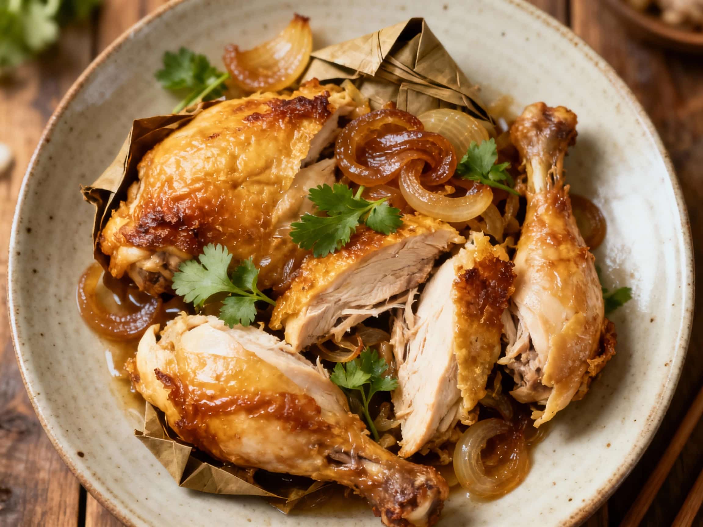 A rustic, deconstructed beggar's chicken casserole is artfully arranged on a dark, cast-iron skillet, its tender chicken pieces nestled amongst vibrant, roasted root vegetables and fresh herbs.
