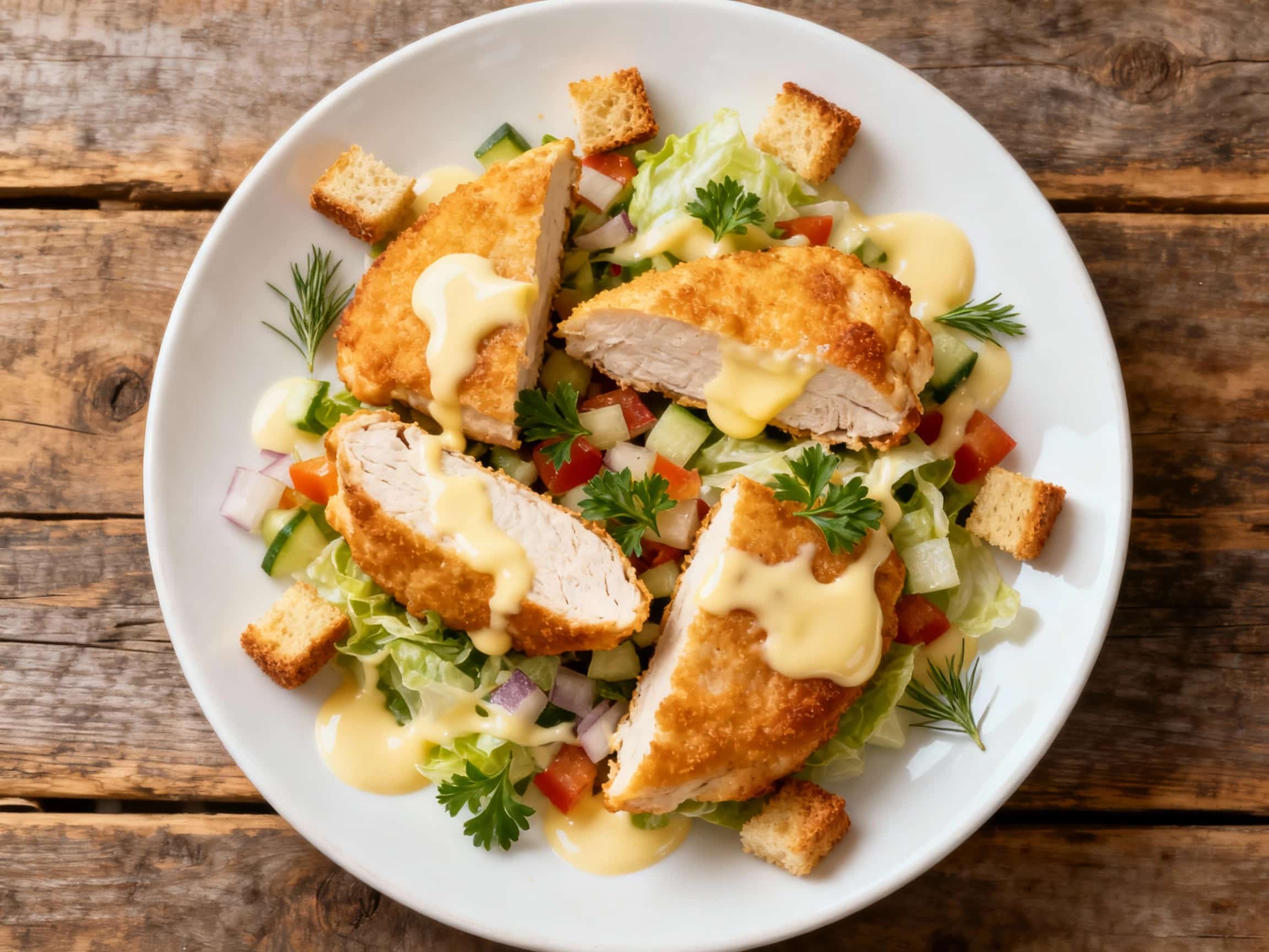 A vibrant deconstructed Chicken Kyiv salad is artfully arranged on a white plate, showcasing golden-brown chicken pieces, creamy mashed potatoes, and fresh greens dotted with vibrant herbs.