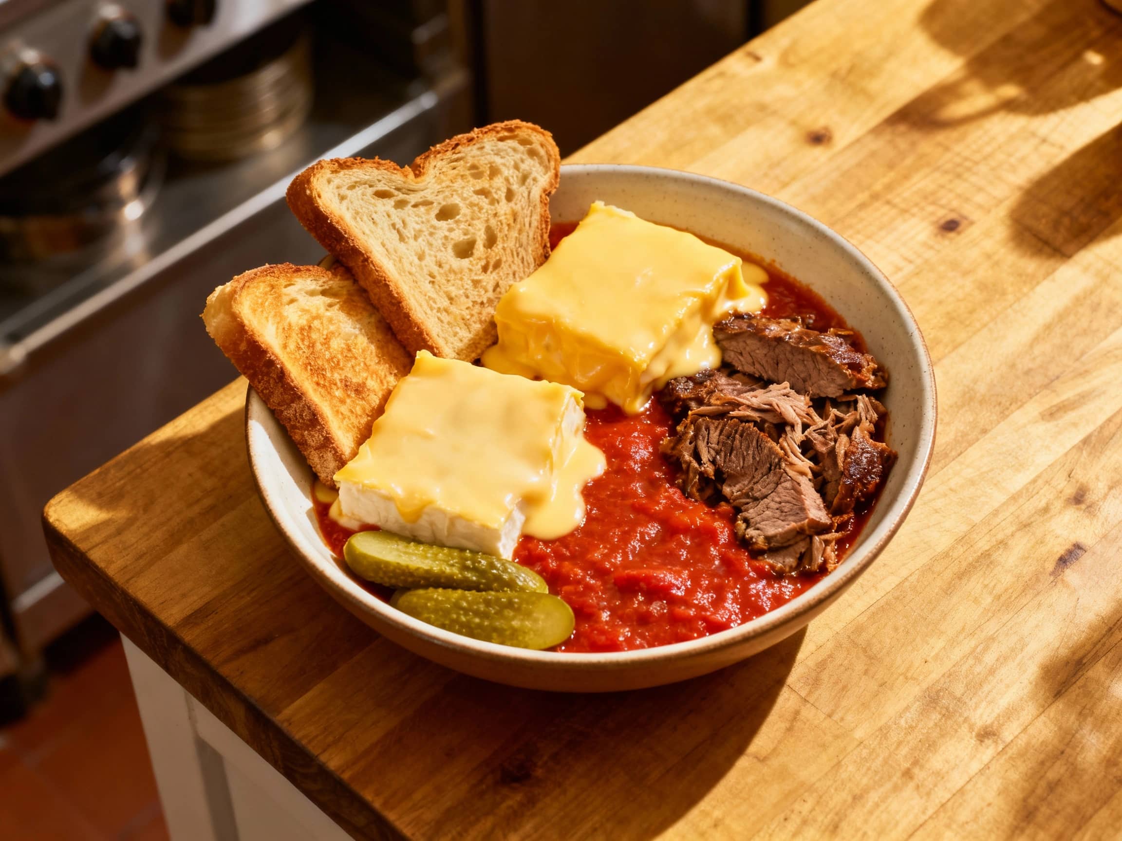 A deconstructed Francesinha bowl features layers of tender steak, savory sausage, and melted cheese over crispy fries, topped with a rich tomato sauce and a fried egg.