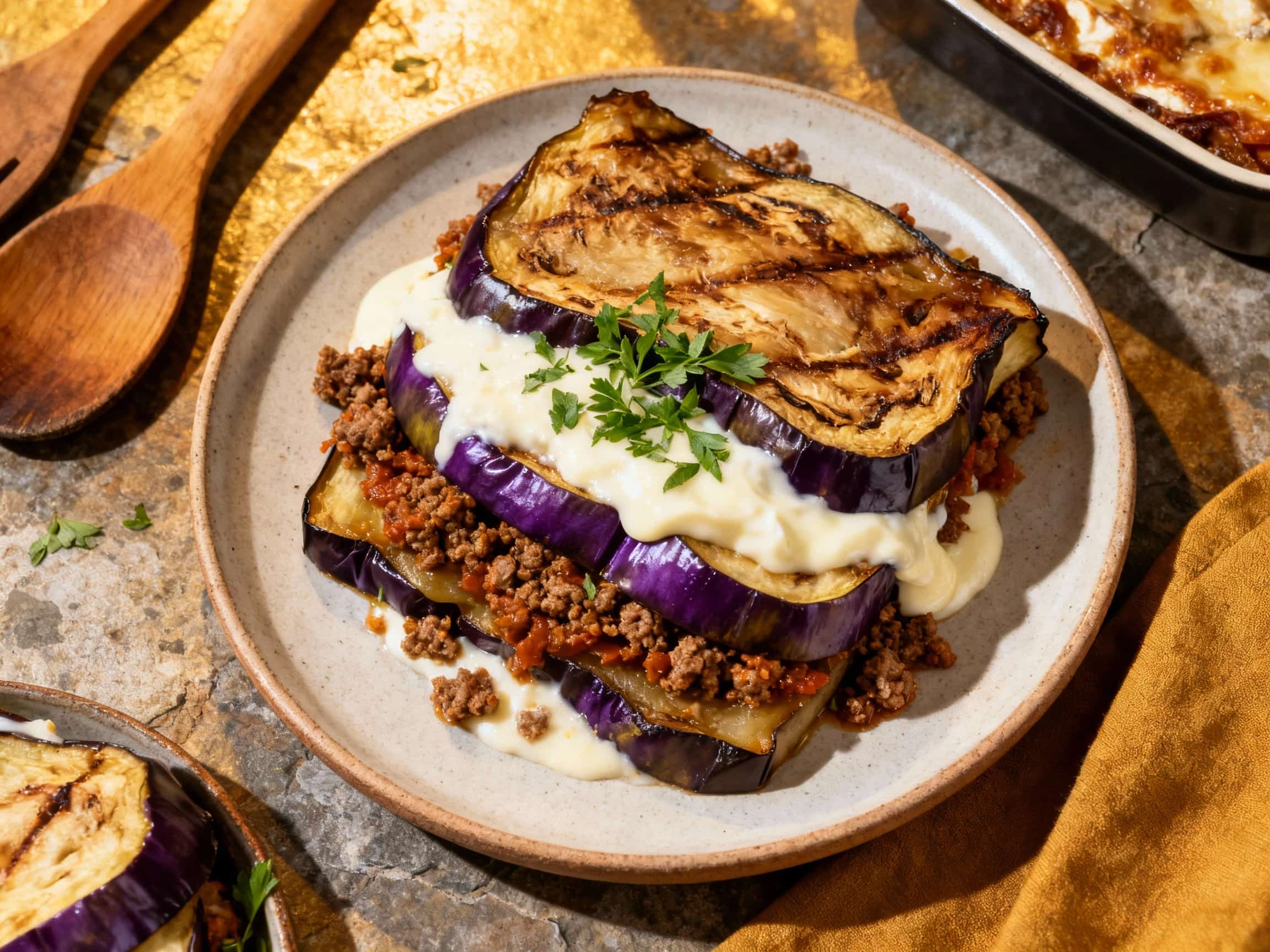 Fluffy béchamel sauce drizzles over rich lamb and eggplant layers topped with a sprinkle of fresh parsley, presented artfully on a white plate.