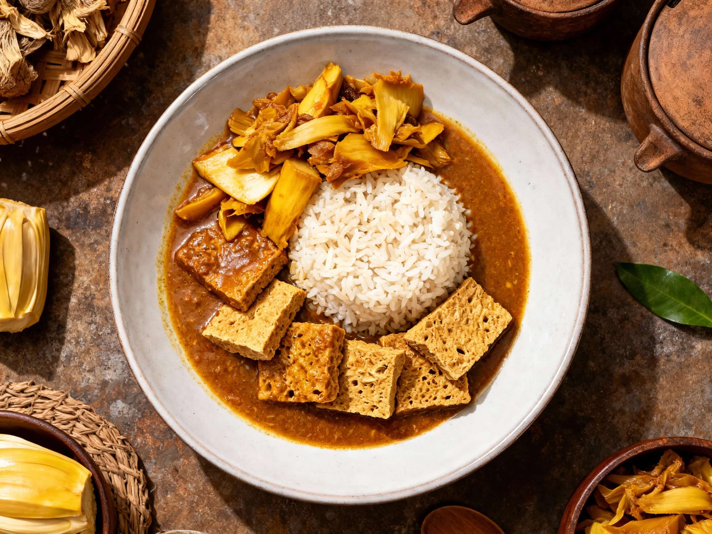 A beautifully plated deconstructed gudeg jackfruit bowl. The dish features separate portions of sweet and savory slow-cooked young jackfruit in a rich sauce, steamed jasmine rice, a perfectly boiled egg, and shredded chicken served in a rustic bowl. Accompaniments like sambal and fried shallots add color and texture, creating an appealing and accessible presentation of Indonesian cuisine.
