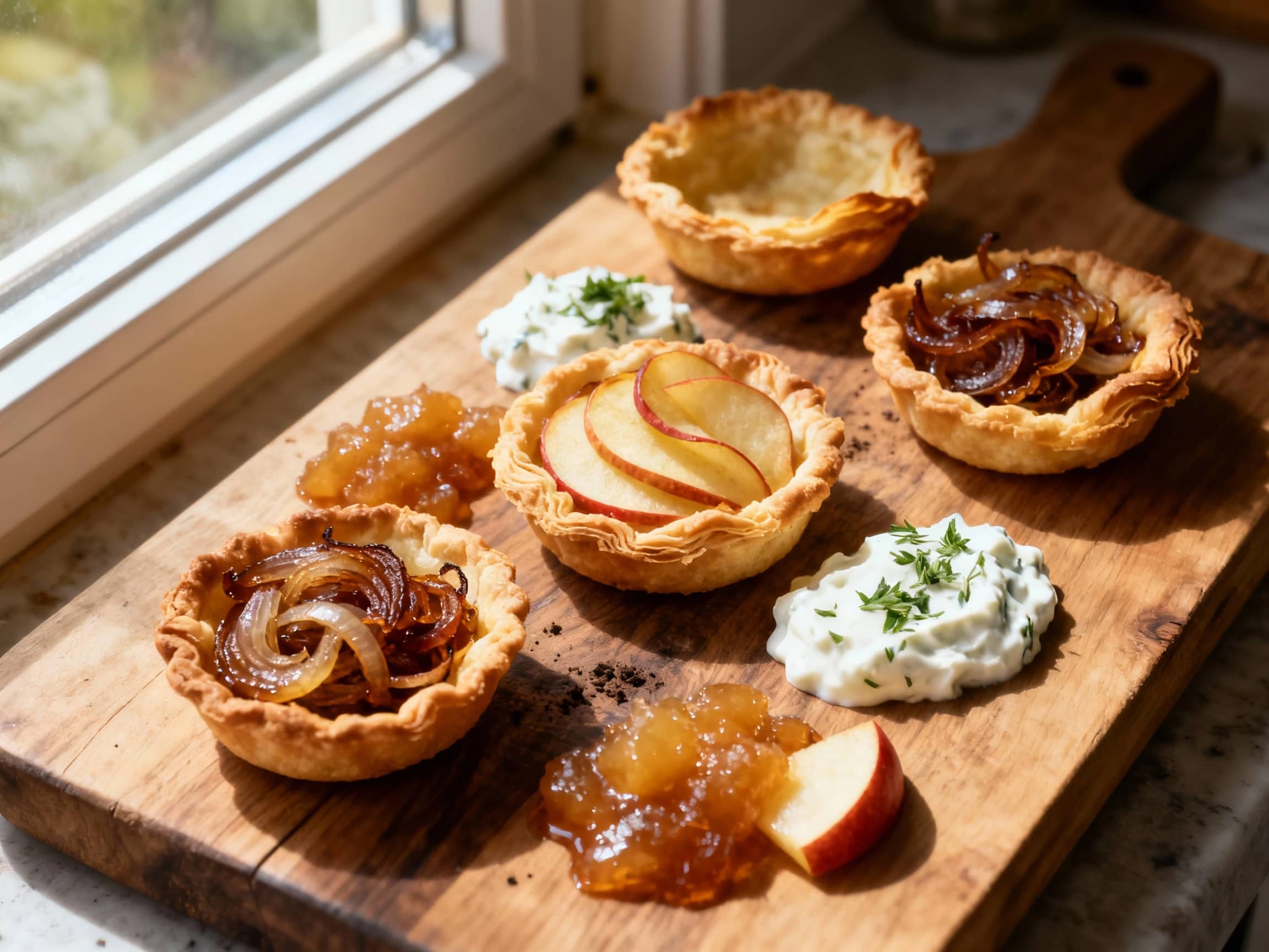 Golden-brown tartlet shells hold luscious dollops of whipped potatoes and vibrant apple compote, artfully arranged with crispy pork belly and a scattering of fresh chives for a modern take on a classic.