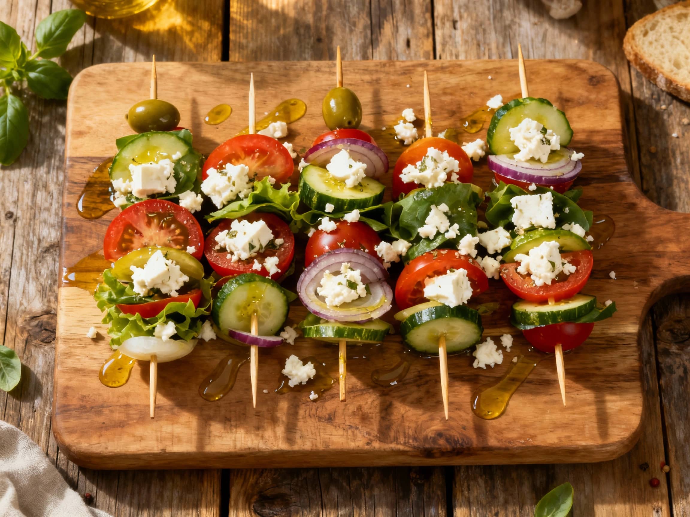 Juicy cherry tomatoes, creamy feta cubes, crisp cucumber chunks, and briny Kalamata olives are artfully arranged on individual skewers, glistening under warm kitchen light.