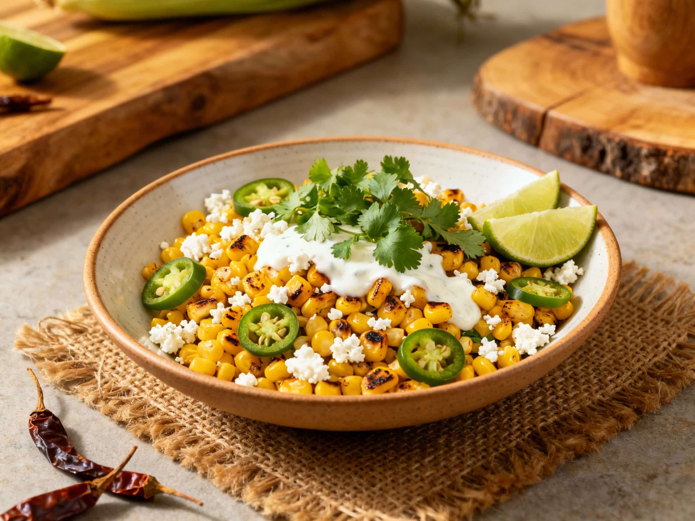 A vibrant bowl overflowing with colorful ingredients, featuring kernels of roasted corn, creamy cotija cheese, chopped cilantro, and bright red bell peppers, artfully arranged with a drizzle of lime crema.